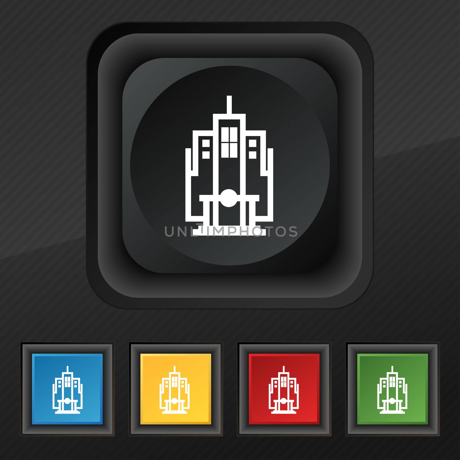 skyscraper icon symbol. Set of five colorful, stylish buttons on black texture for your design.  by serhii_lohvyniuk