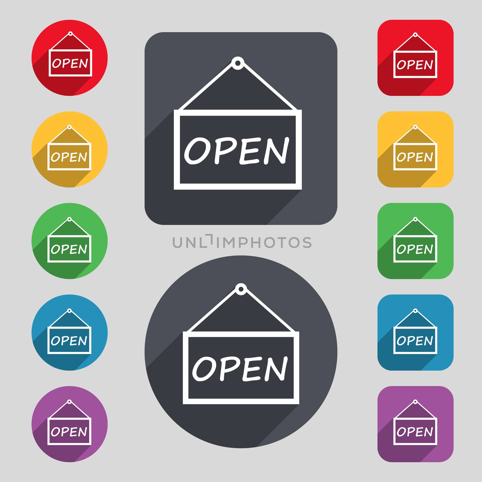 open icon sign. A set of 12 colored buttons and a long shadow. Flat design. 
