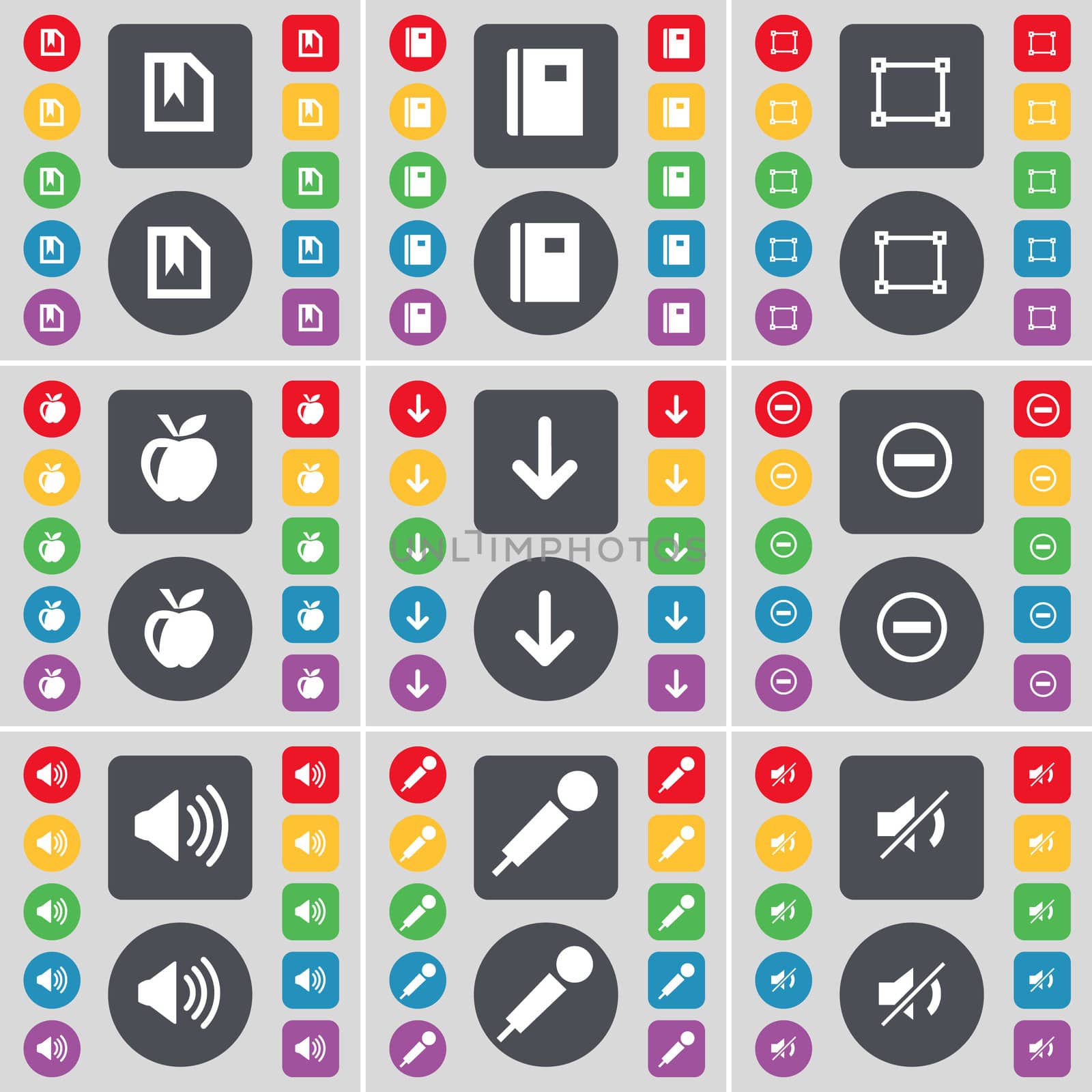 File, Notebook, Frame, Apple, Arrow down, Minus, Sound, Microphone, Mute icon symbol. A large set of flat, colored buttons for your design. illustration