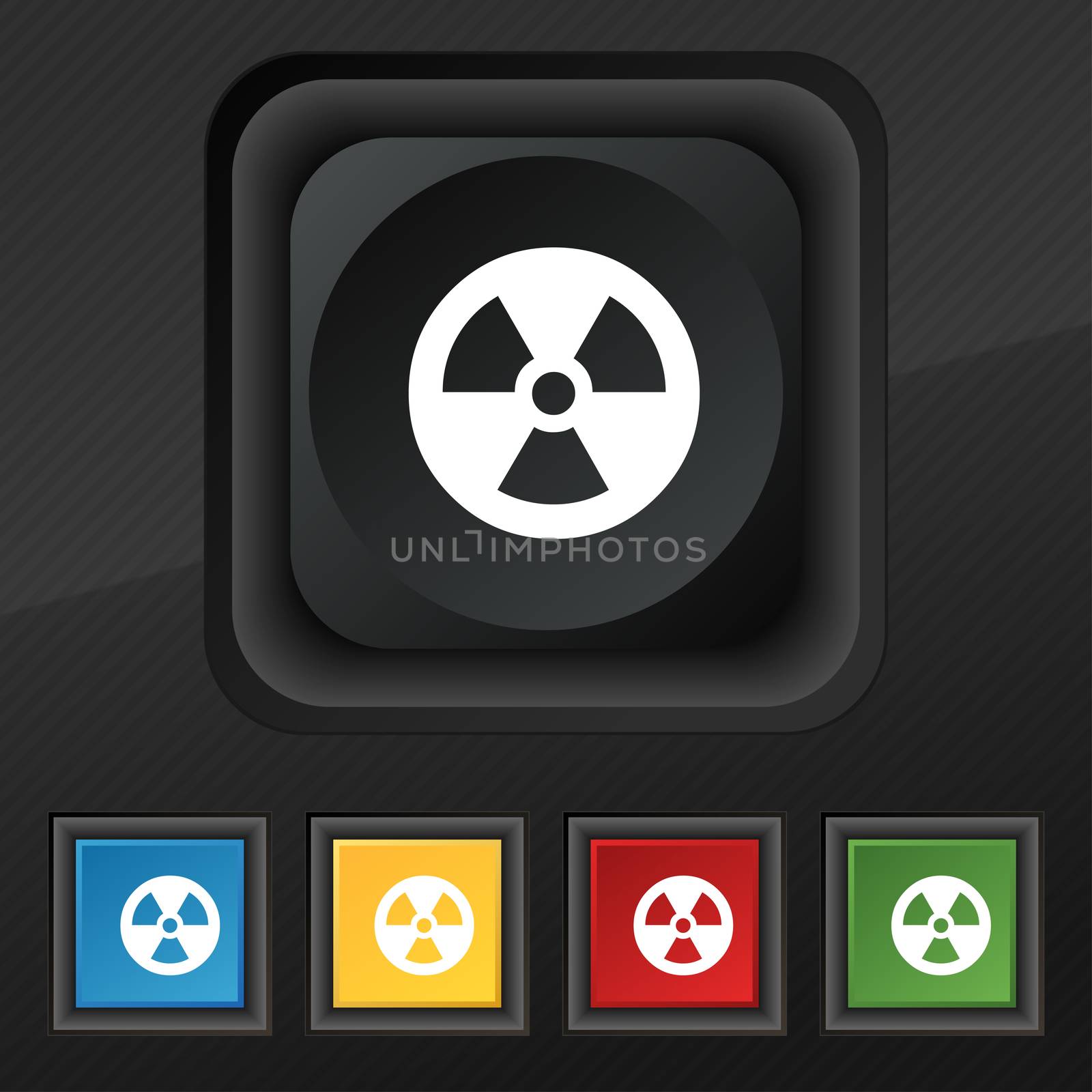 radiation icon symbol. Set of five colorful, stylish buttons on black texture for your design.  by serhii_lohvyniuk