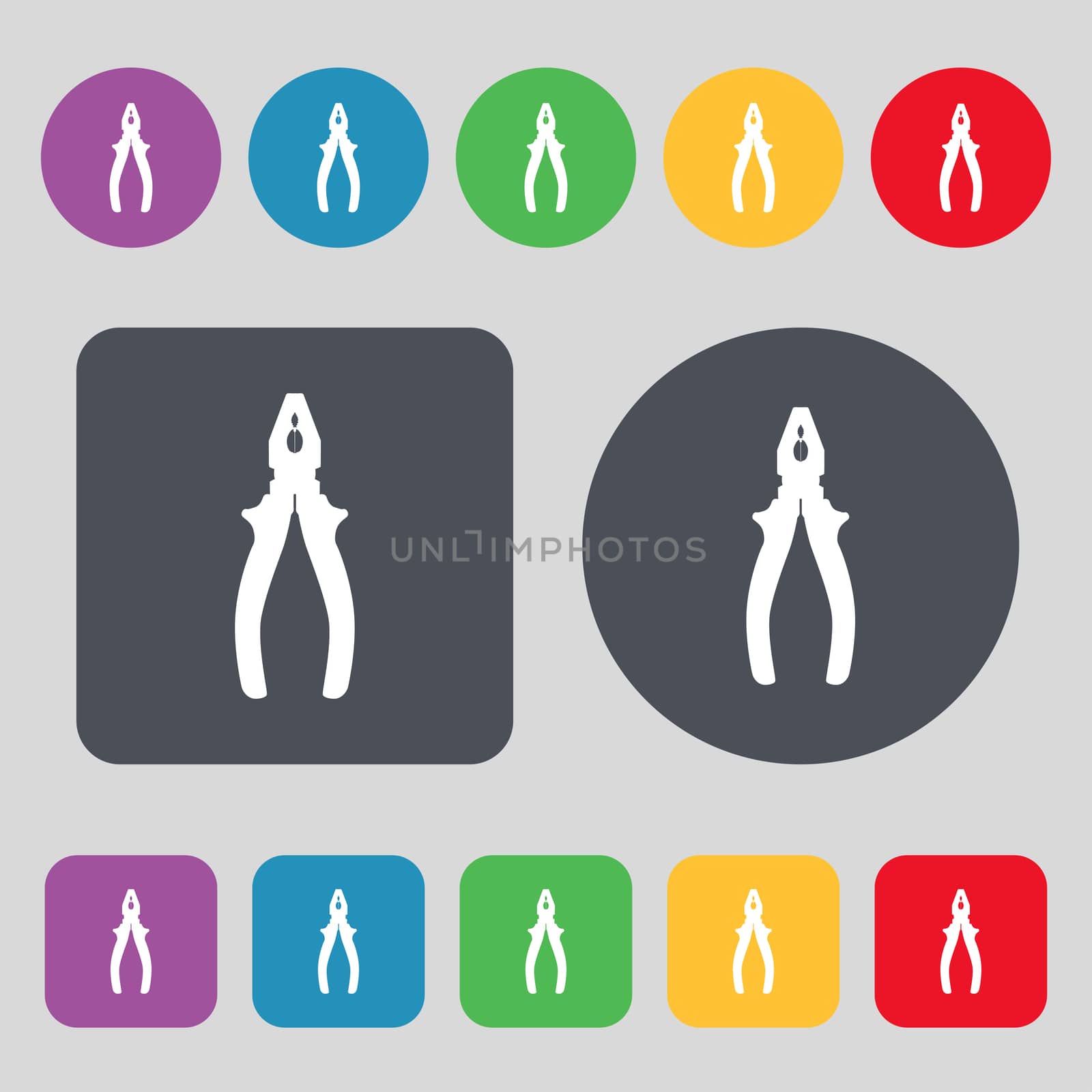 pliers icon sign. A set of 12 colored buttons. Flat design. illustration