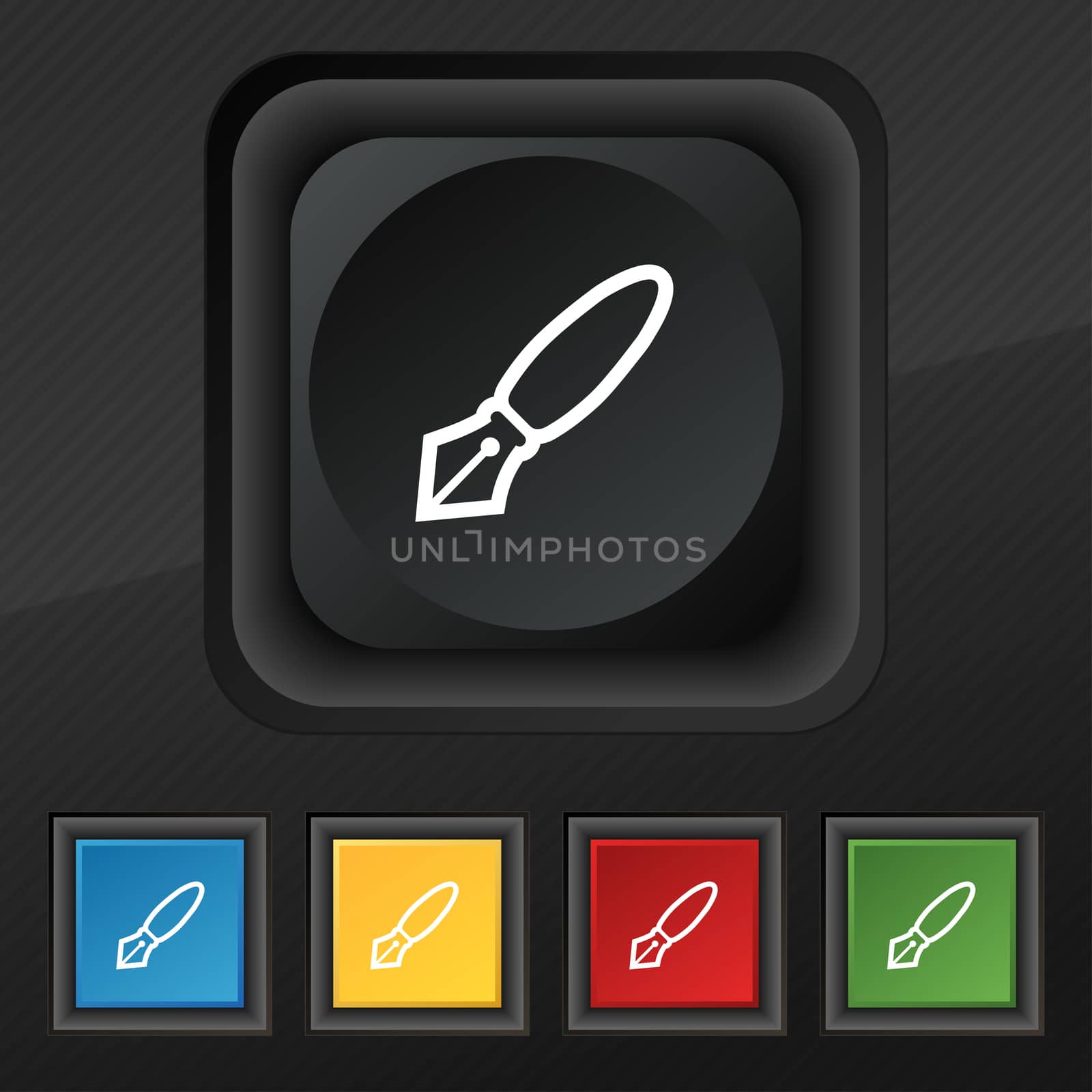 Pen icon symbol. Set of five colorful, stylish buttons on black texture for your design.  by serhii_lohvyniuk