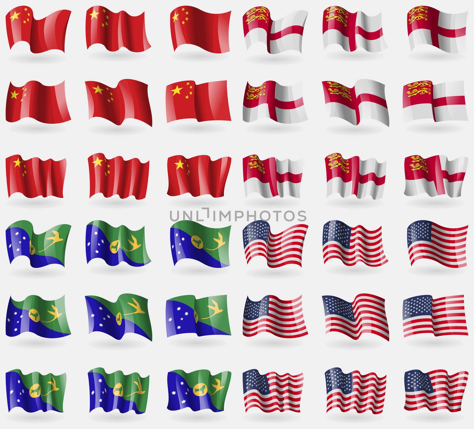 China, Sark, Christmas Island, USA. Set of 36 flags of the countries of the world.  by serhii_lohvyniuk