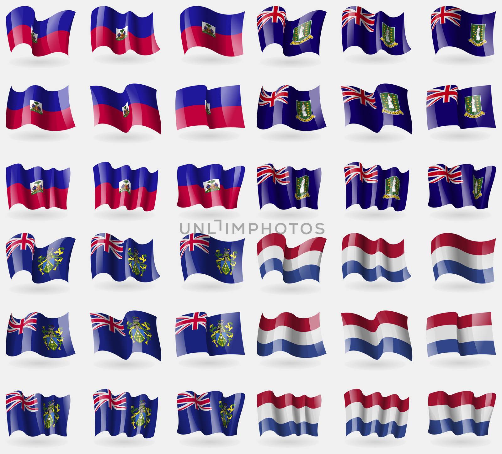 Haiti, VirginIslandsUK, Pitcairn Islands, Netherlands. Set of 36 flags of the countries of the world. illustration