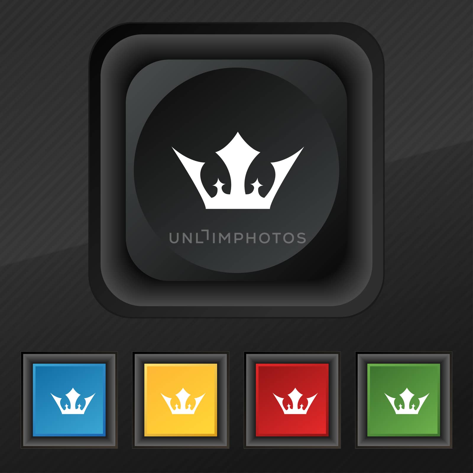 Crown icon symbol. Set of five colorful, stylish buttons on black texture for your design.  by serhii_lohvyniuk