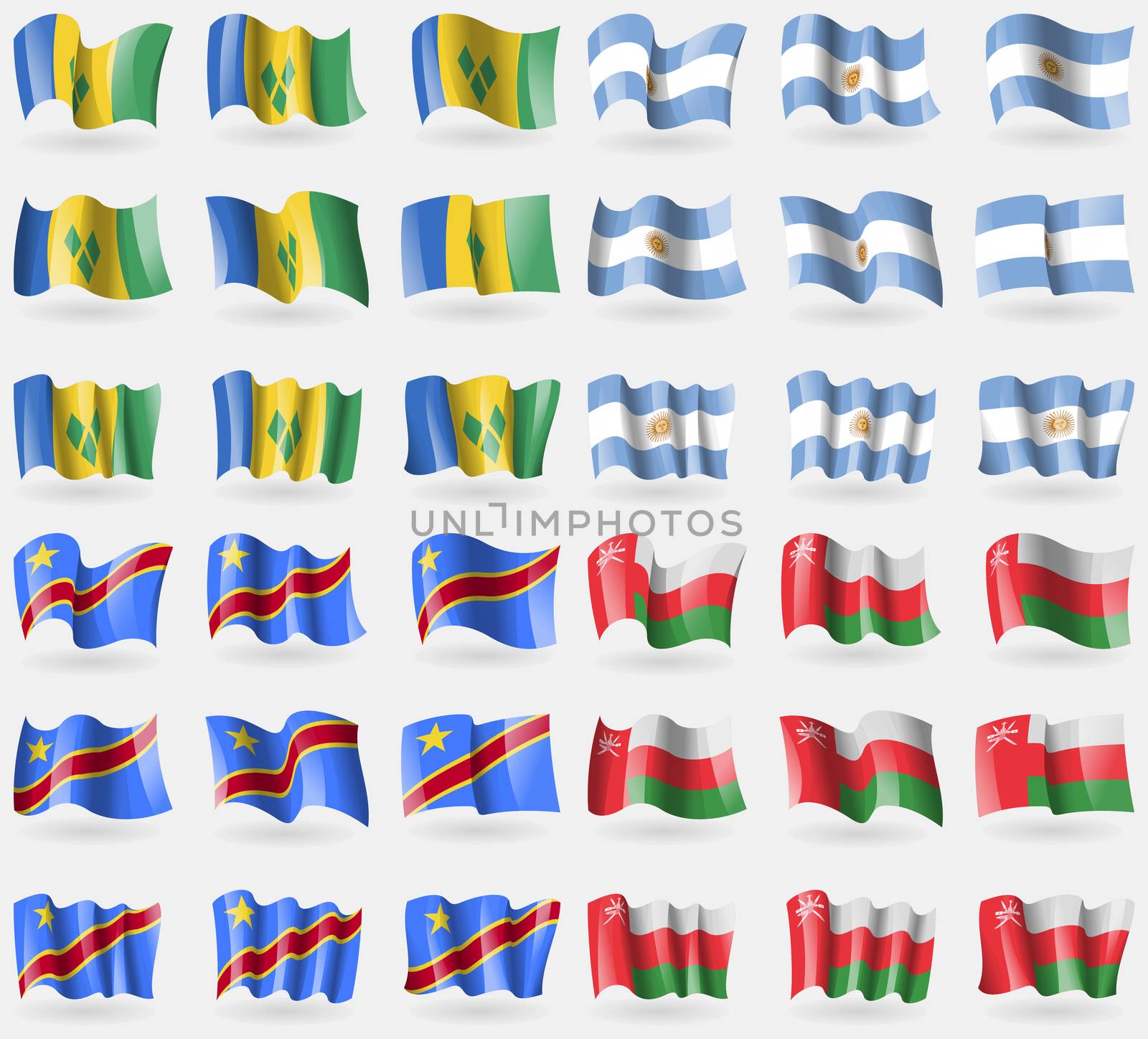 Saint Vincent and Grenadines, Argentina, Congo Democratic Republic, Oman. Set of 36 flags of the countries of the world. illustration