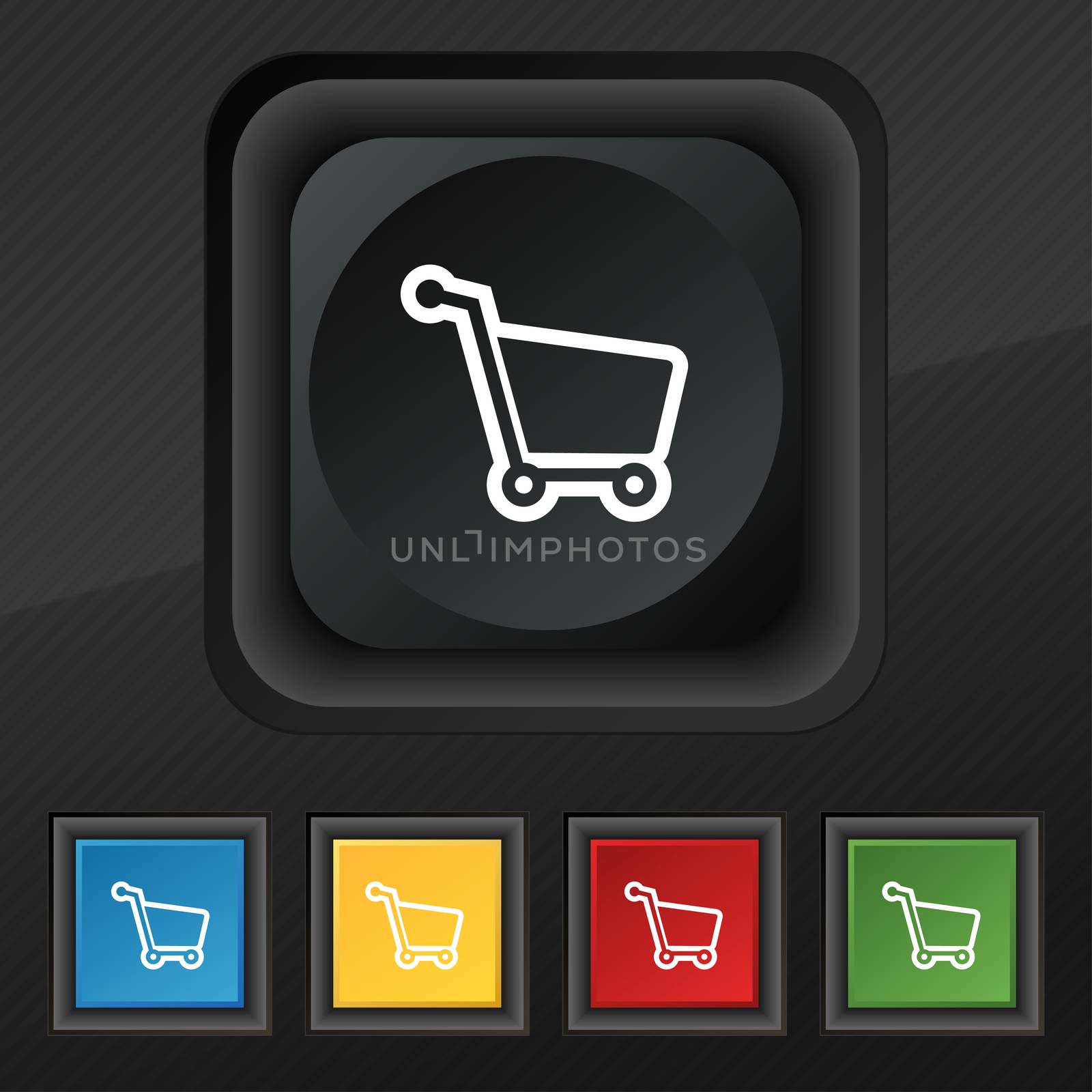 Shopping cart icon symbol. Set of five colorful, stylish buttons on black texture for your design. illustration