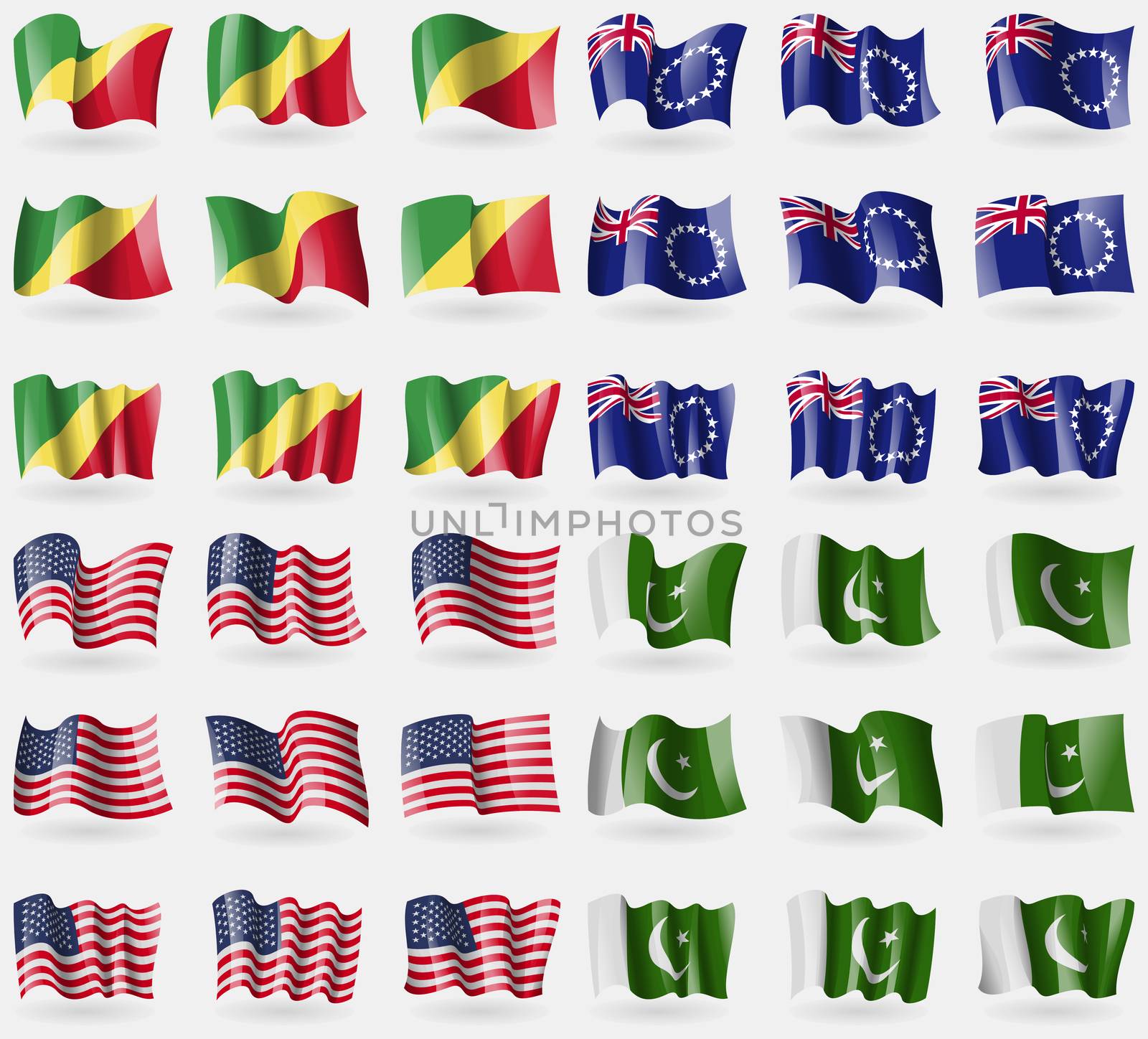 Congo Republic, Cook Islands, USA, Pakistan. Set of 36 flags of the countries of the world. illustration