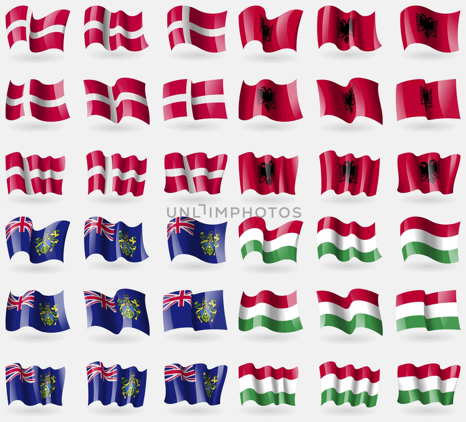 Denmark, Albania, Pitcairn Islands, Hugary. Set of 36 flags of the countries of the world. illustration