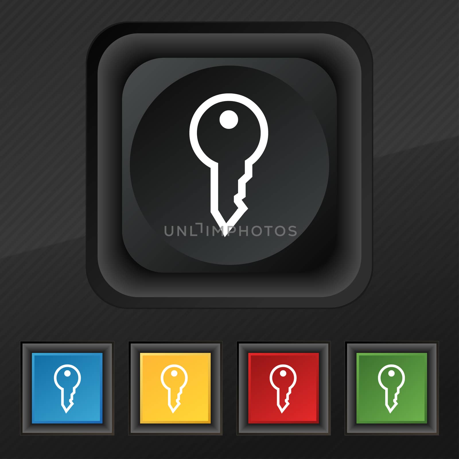 Key icon symbol. Set of five colorful, stylish buttons on black texture for your design.  by serhii_lohvyniuk