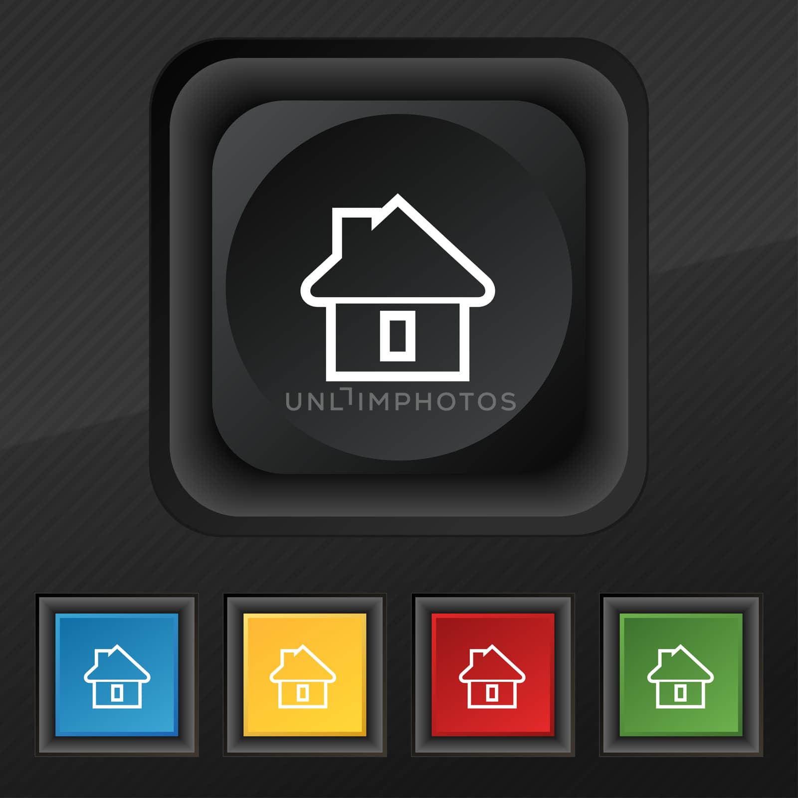House icon symbol. Set of five colorful, stylish buttons on black texture for your design.  by serhii_lohvyniuk
