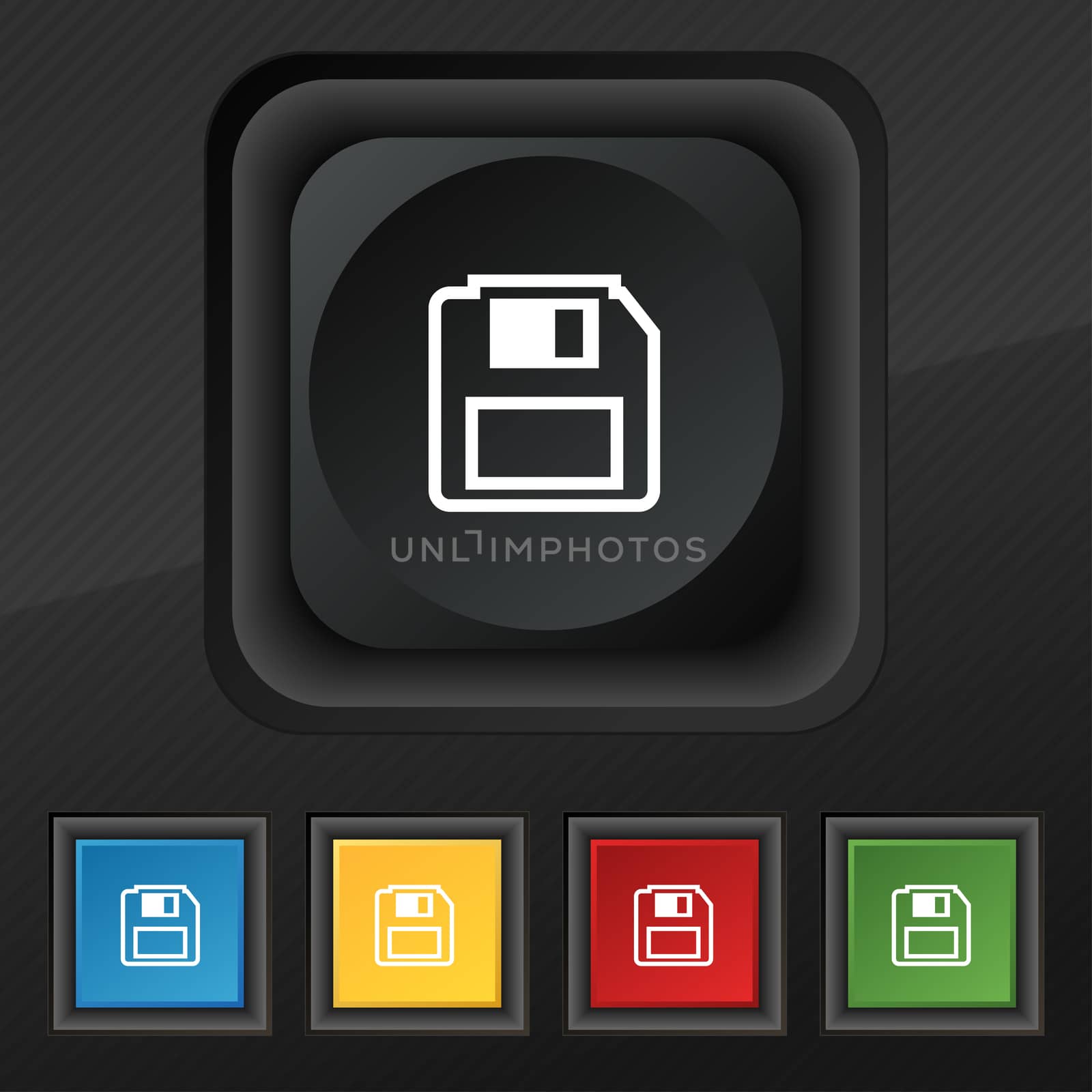 floppy disk icon symbol. Set of five colorful, stylish buttons on black texture for your design.  by serhii_lohvyniuk