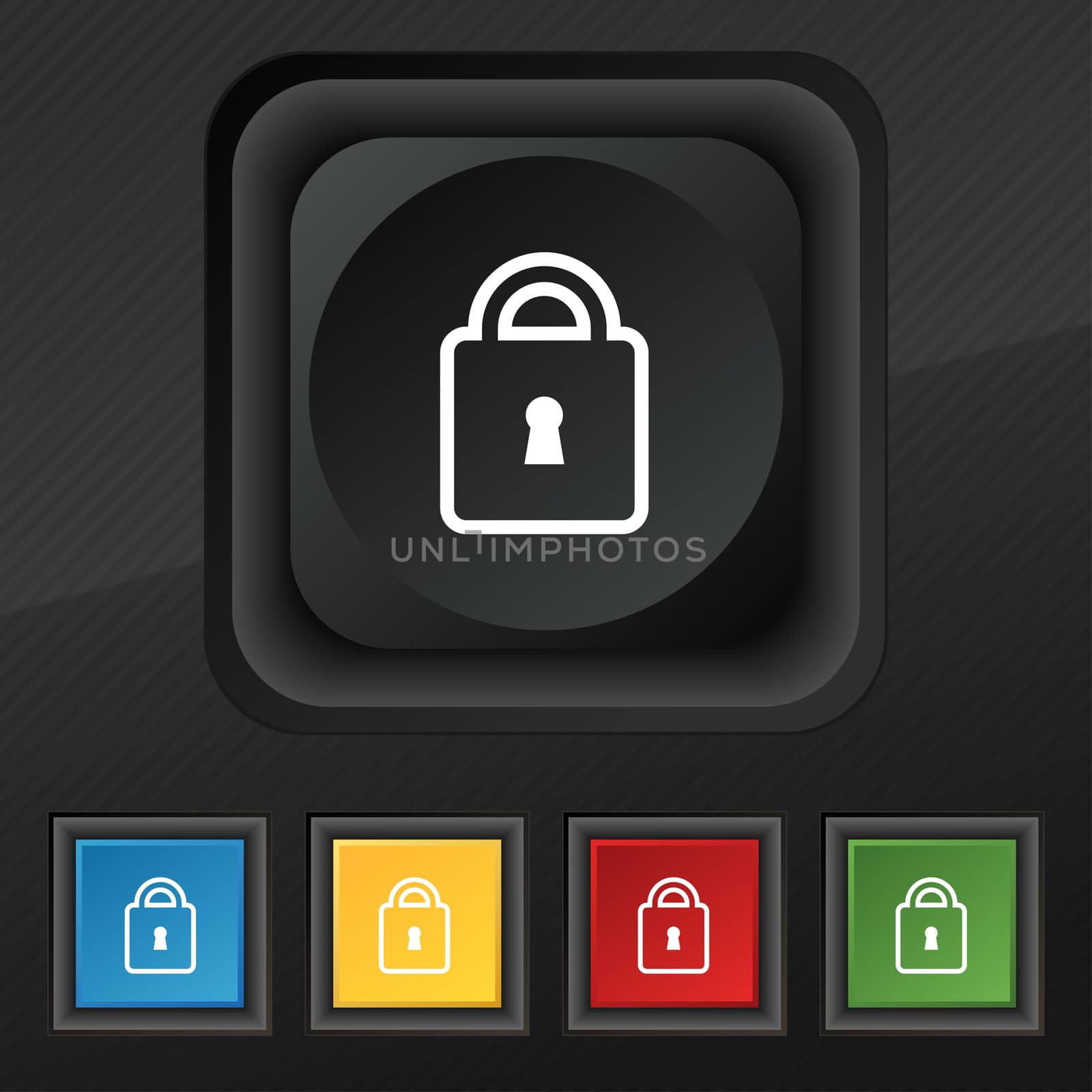 Lock icon symbol. Set of five colorful, stylish buttons on black texture for your design.  by serhii_lohvyniuk