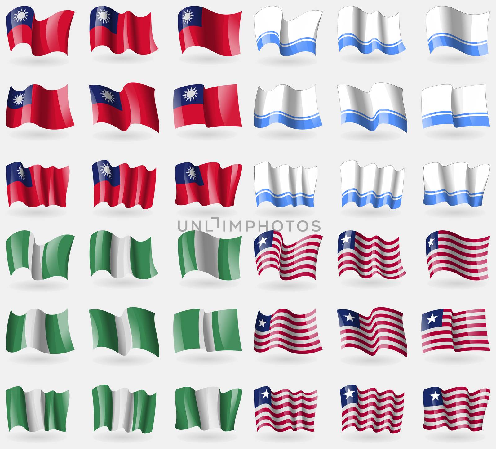 Taiwan, Altai Republic, Nigeria, Liberia. Set of 36 flags of the countries of the world. illustration