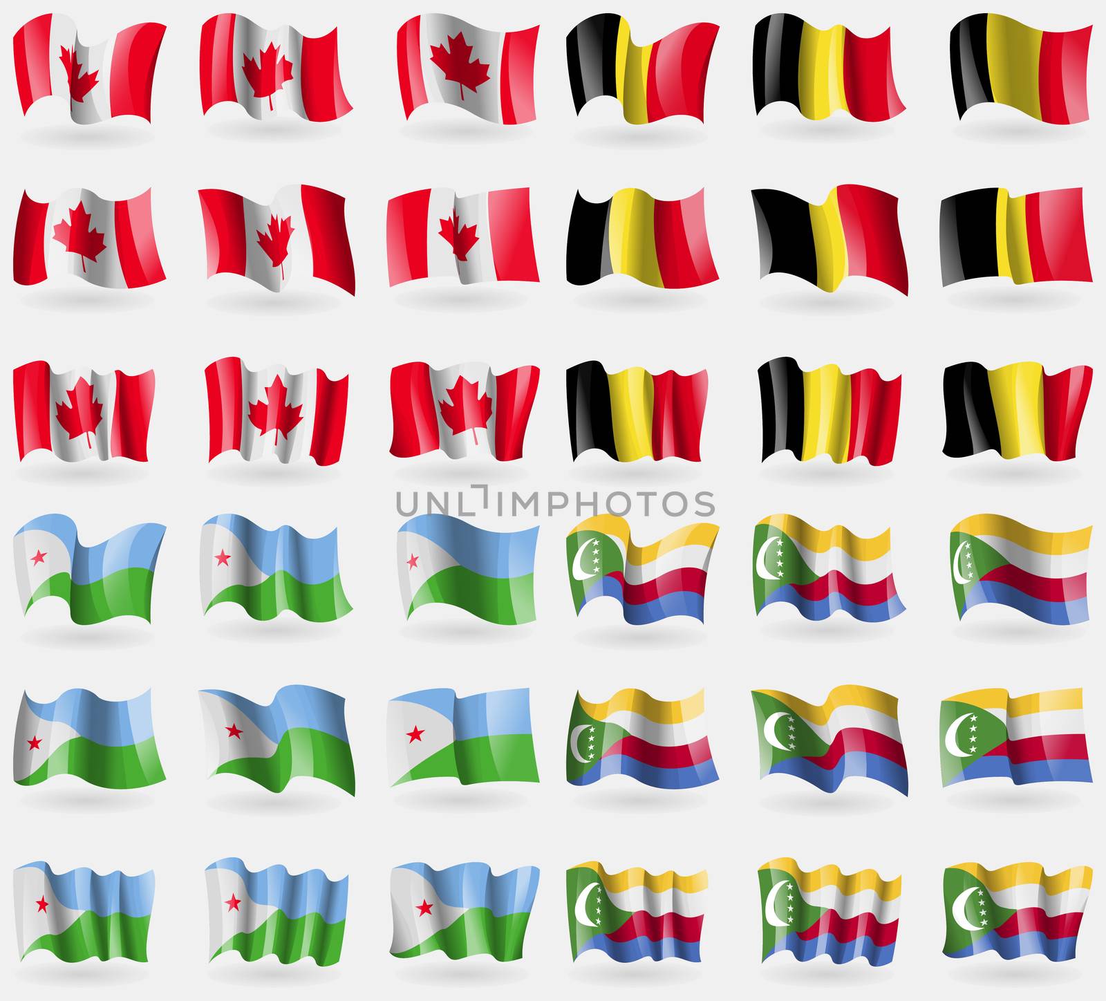 Canada, Belgium, Djibouti, Comoros. Set of 36 flags of the countries of the world.  by serhii_lohvyniuk