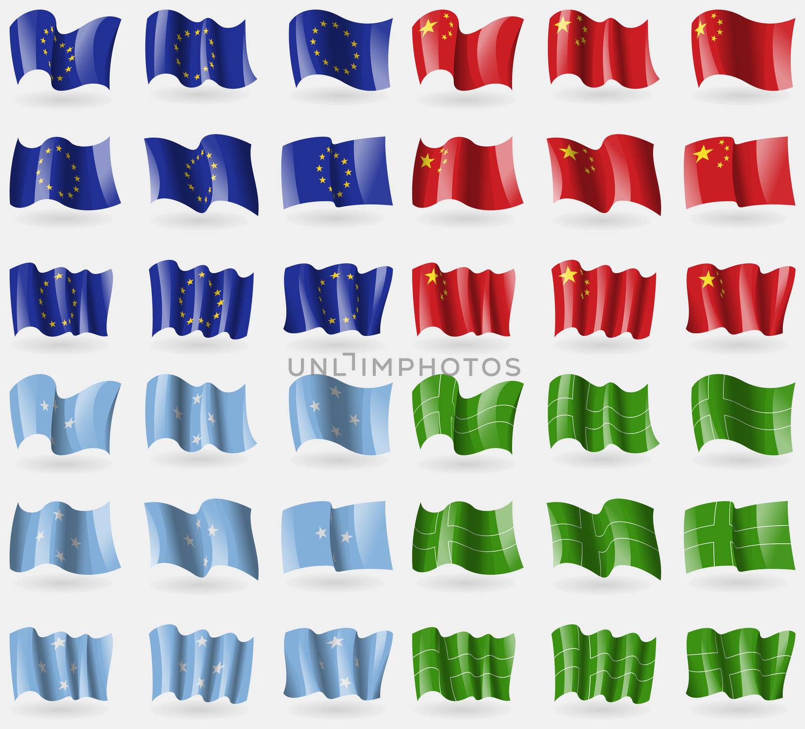 European Union, China, Micronesia, Ladonia. Set of 36 flags of the countries of the world. illustration
