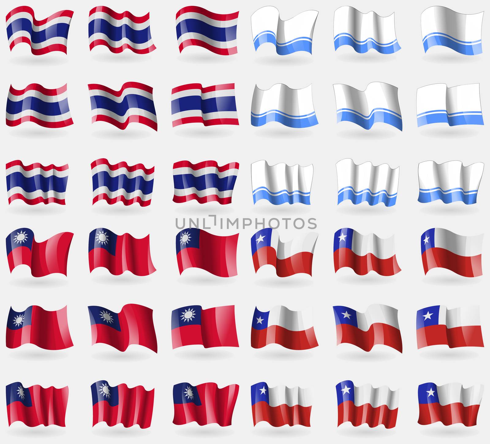 Thailand, Altai Republic, Taiwan, Chile. Set of 36 flags of the countries of the world. illustration