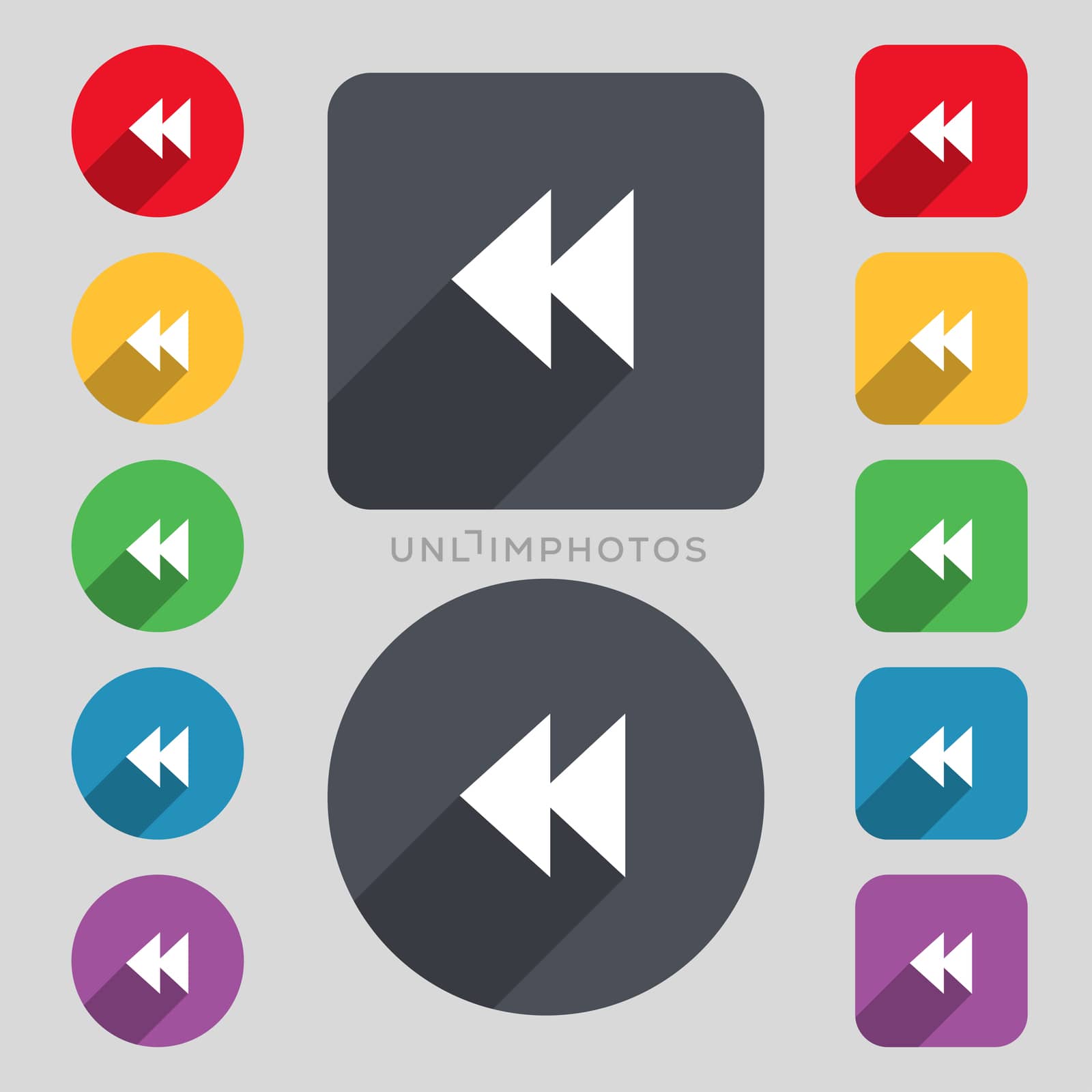 rewind icon sign. A set of 12 colored buttons and a long shadow. Flat design. illustration