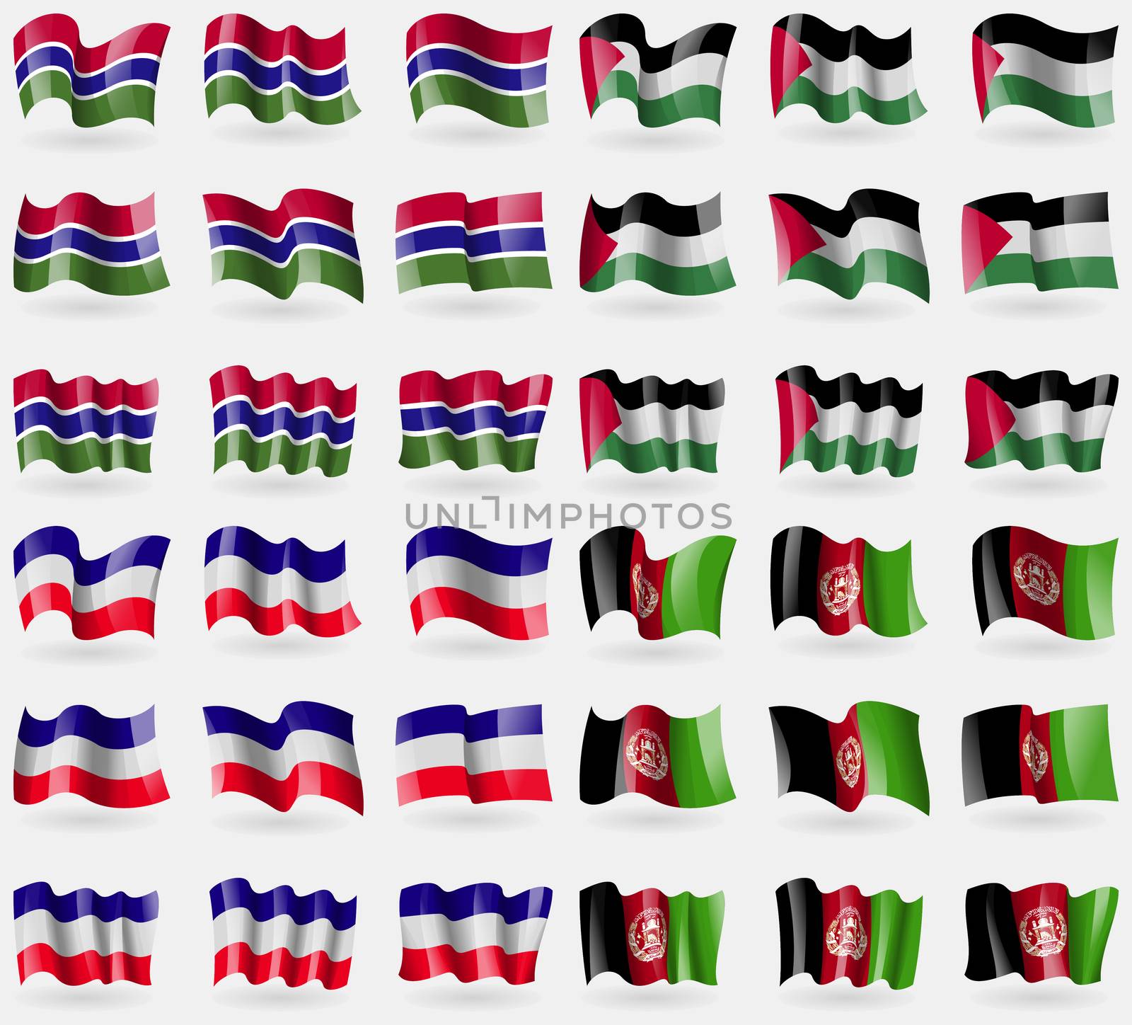 Gambia, Palestine, Los Altos, Afghanistan. Set of 36 flags of the countries of the world. illustration