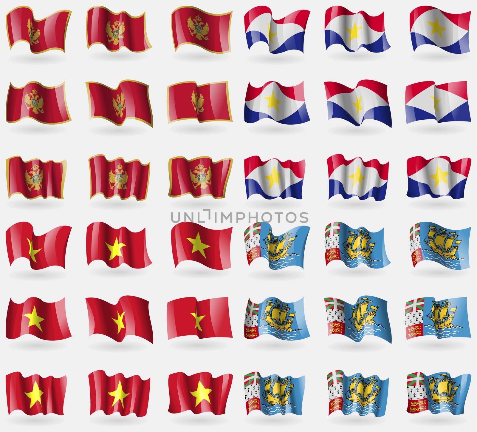 Montenegro, Saba, Vietnam, Saint Pierre and Miquelon. Set of 36 flags of the countries of the world.  by serhii_lohvyniuk