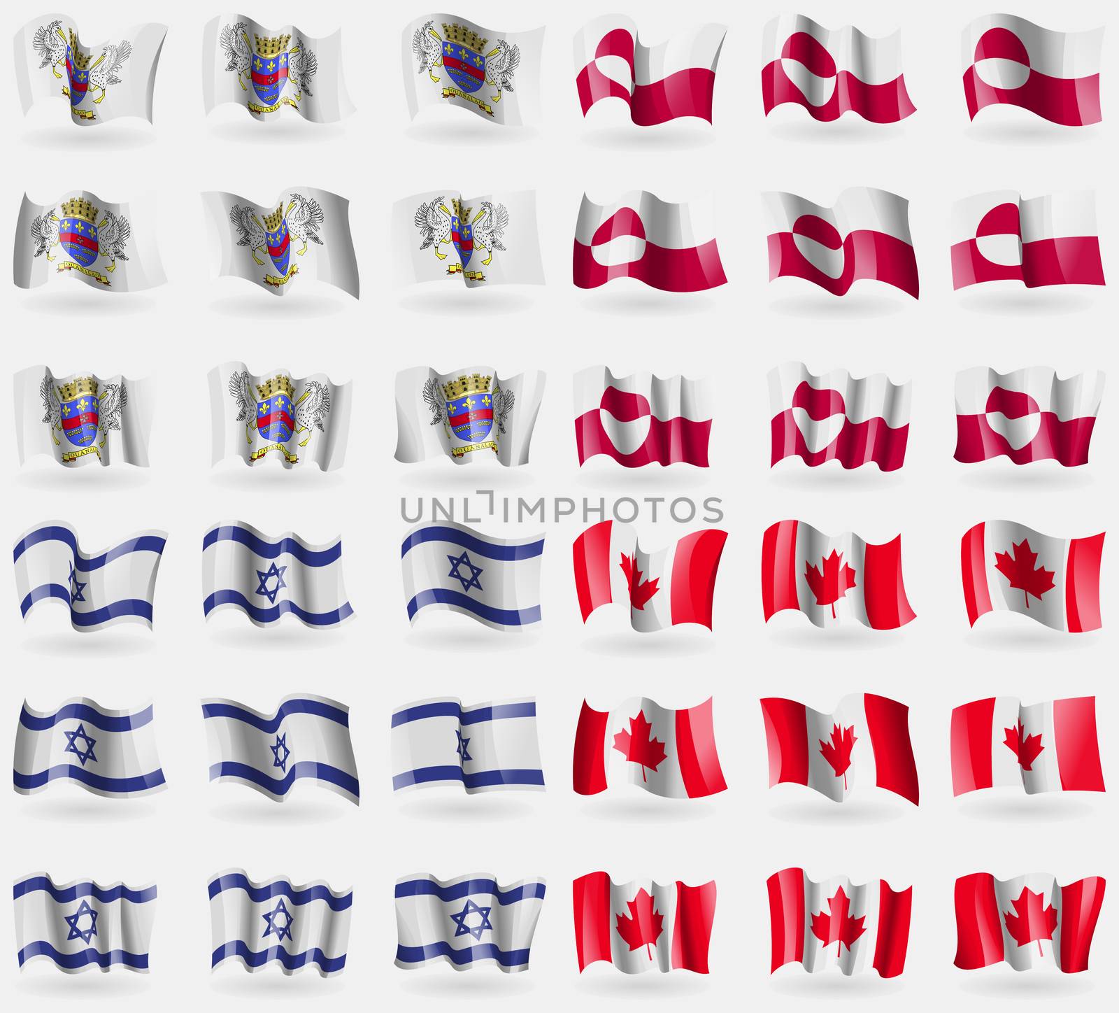 Saint Barthelemy, Greenland, Israel, Canada. Set of 36 flags of the countries of the world. illustration