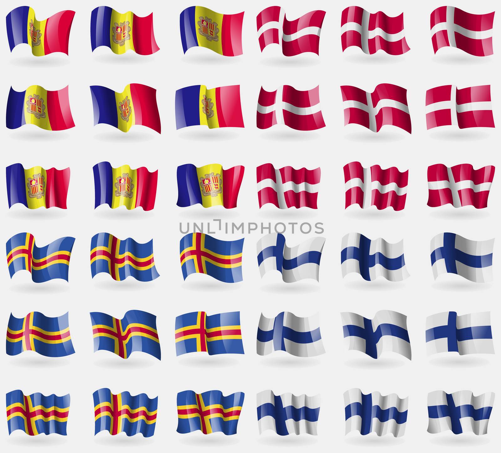 Andorra, Denmark, Aland, Finland. Set of 36 flags of the countries of the world.  by serhii_lohvyniuk