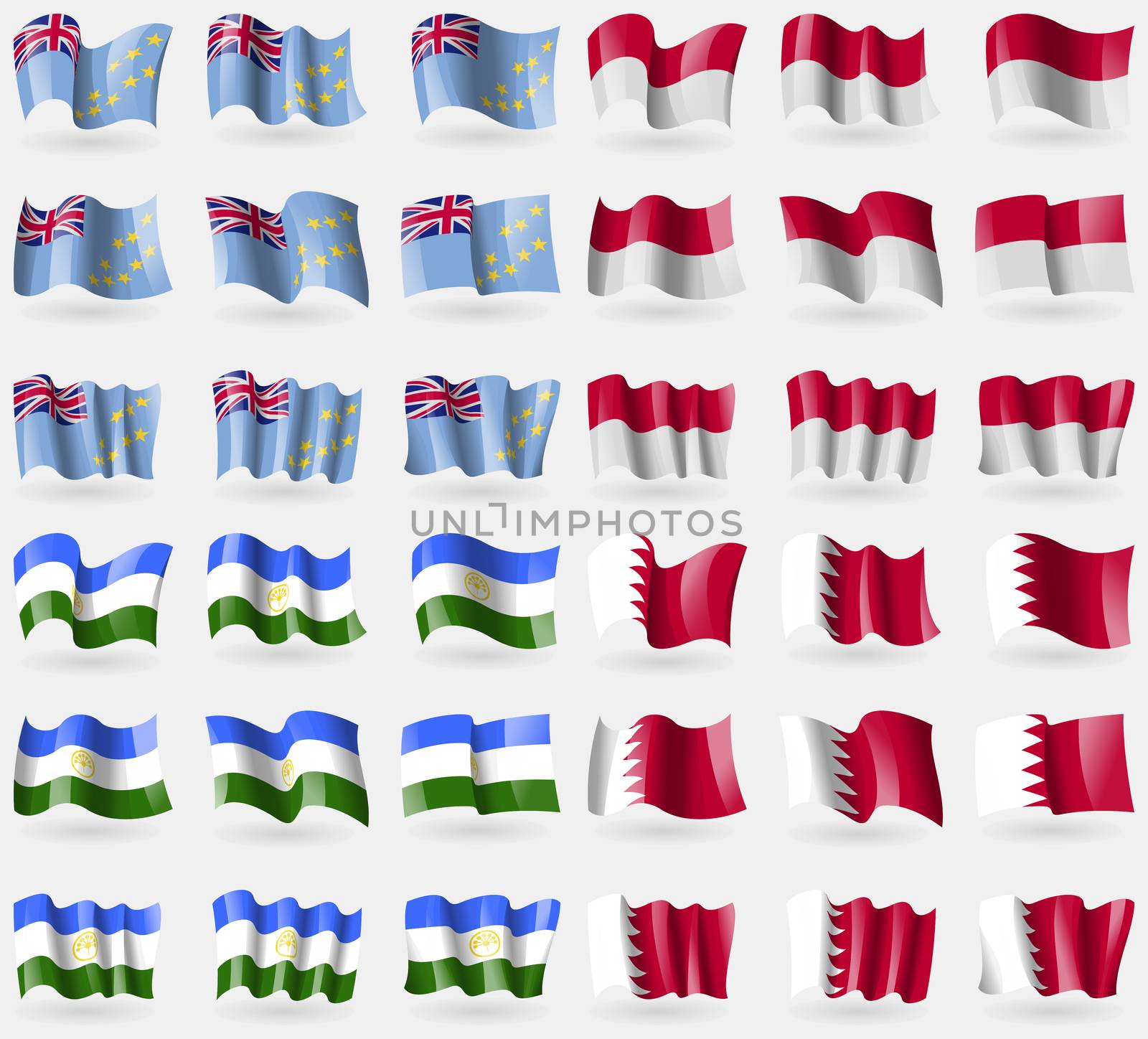 Tuvalu, Indonesia, Bashkortostan, Bahrain. Set of 36 flags of the countries of the world. illustration