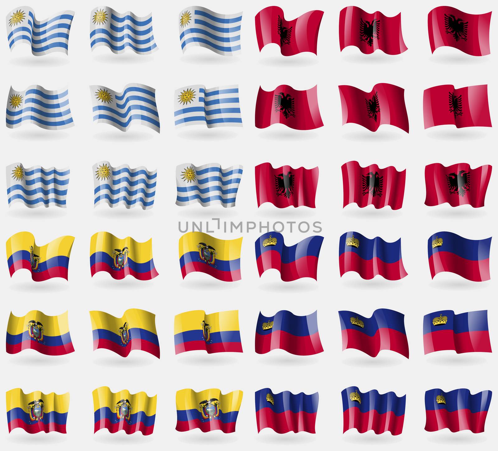 Uruguay, Albania, Ecuador, Liechtenstein. Set of 36 flags of the countries of the world. illustration