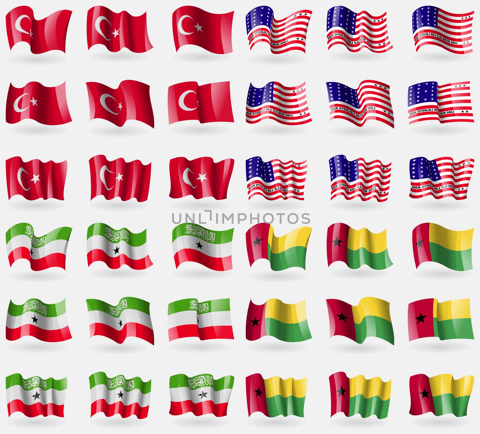 Turkey, Bikini Atoll, Somaliland, GuineaBiassau. Set of 36 flags of the countries of the world.  by serhii_lohvyniuk