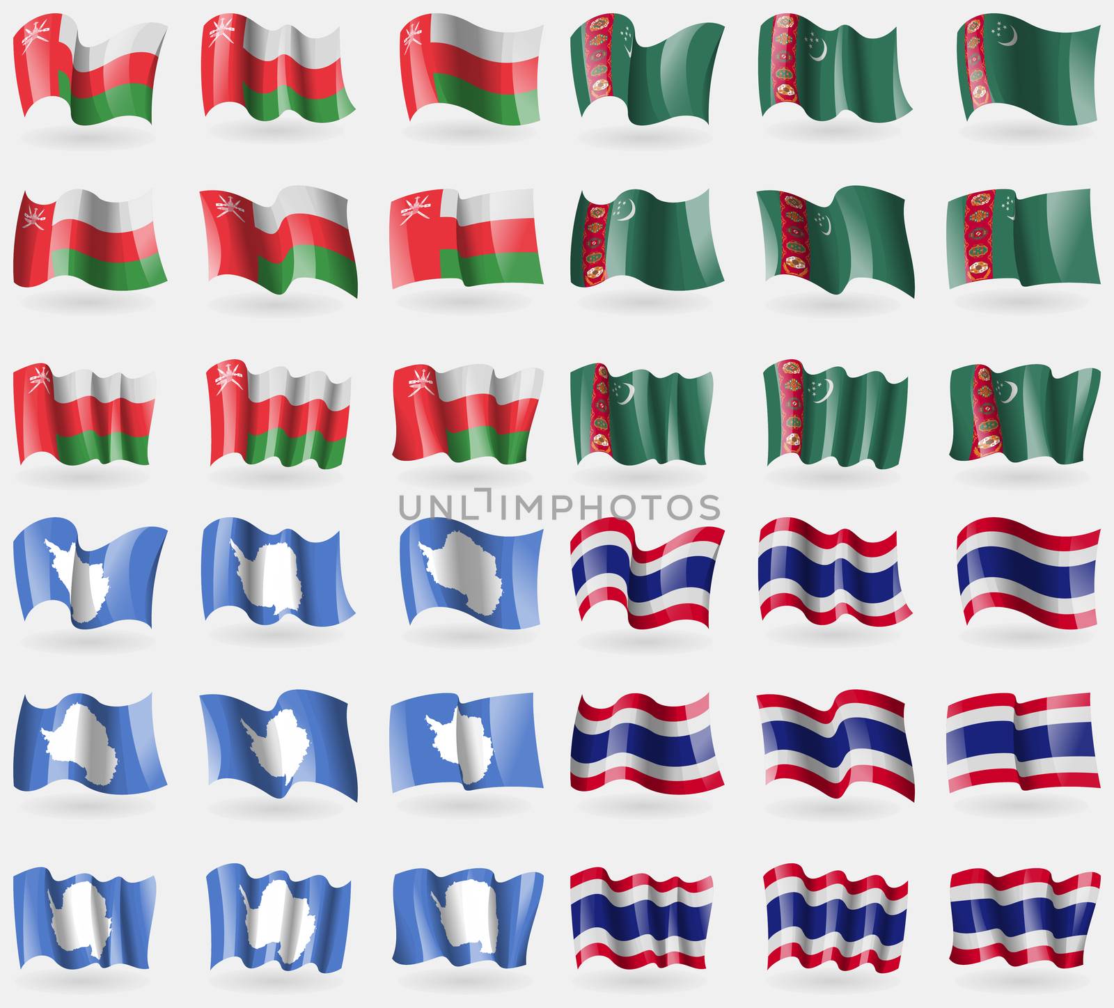 Oman, Turkmenistan, Antarctica, Thailand. Set of 36 flags of the countries of the world. illustration
