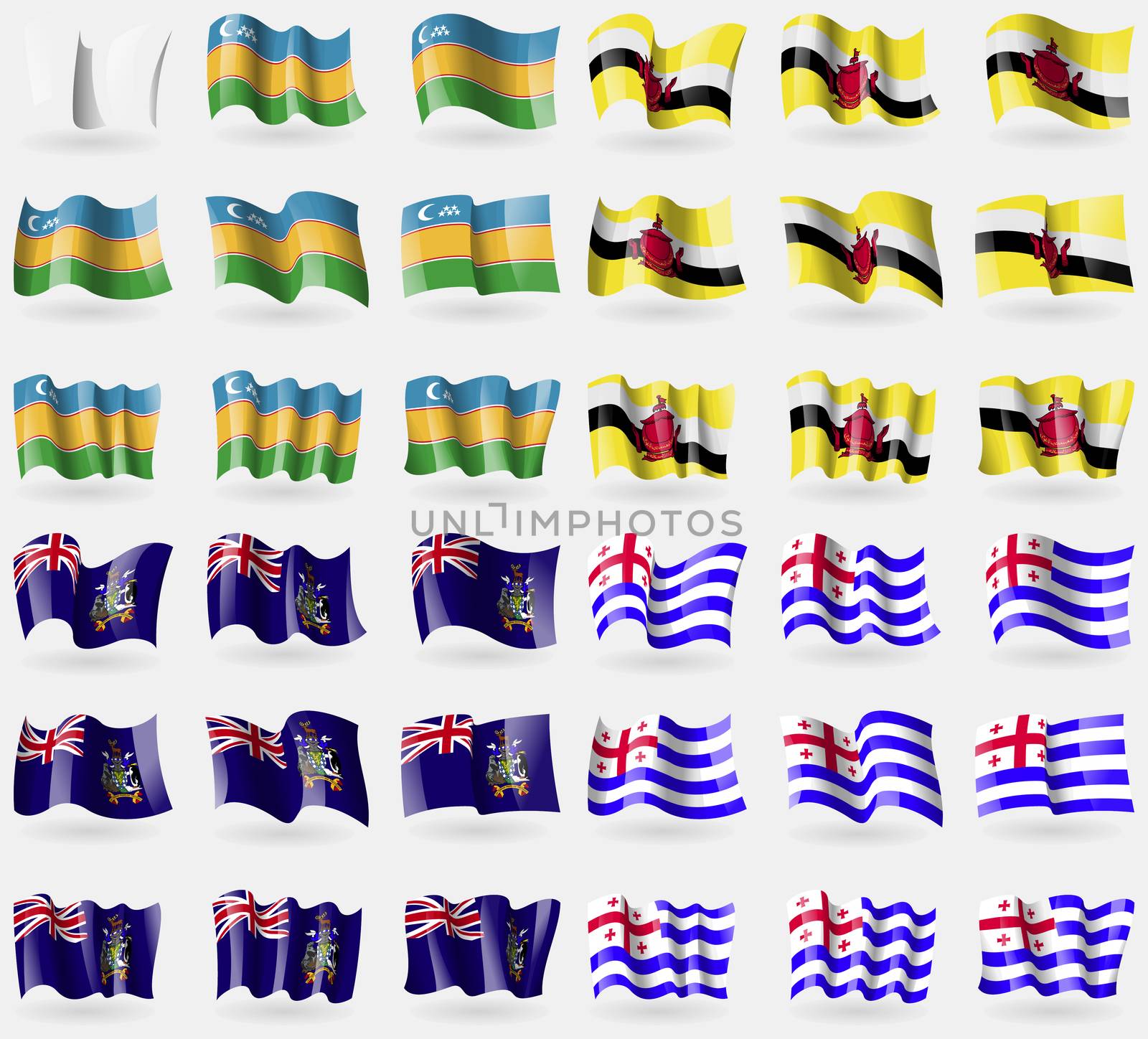 Karakalpakstan, Brunei, Georgia and Sandwich, Ajaria. Set of 36 flags of the countries of the world. illustration