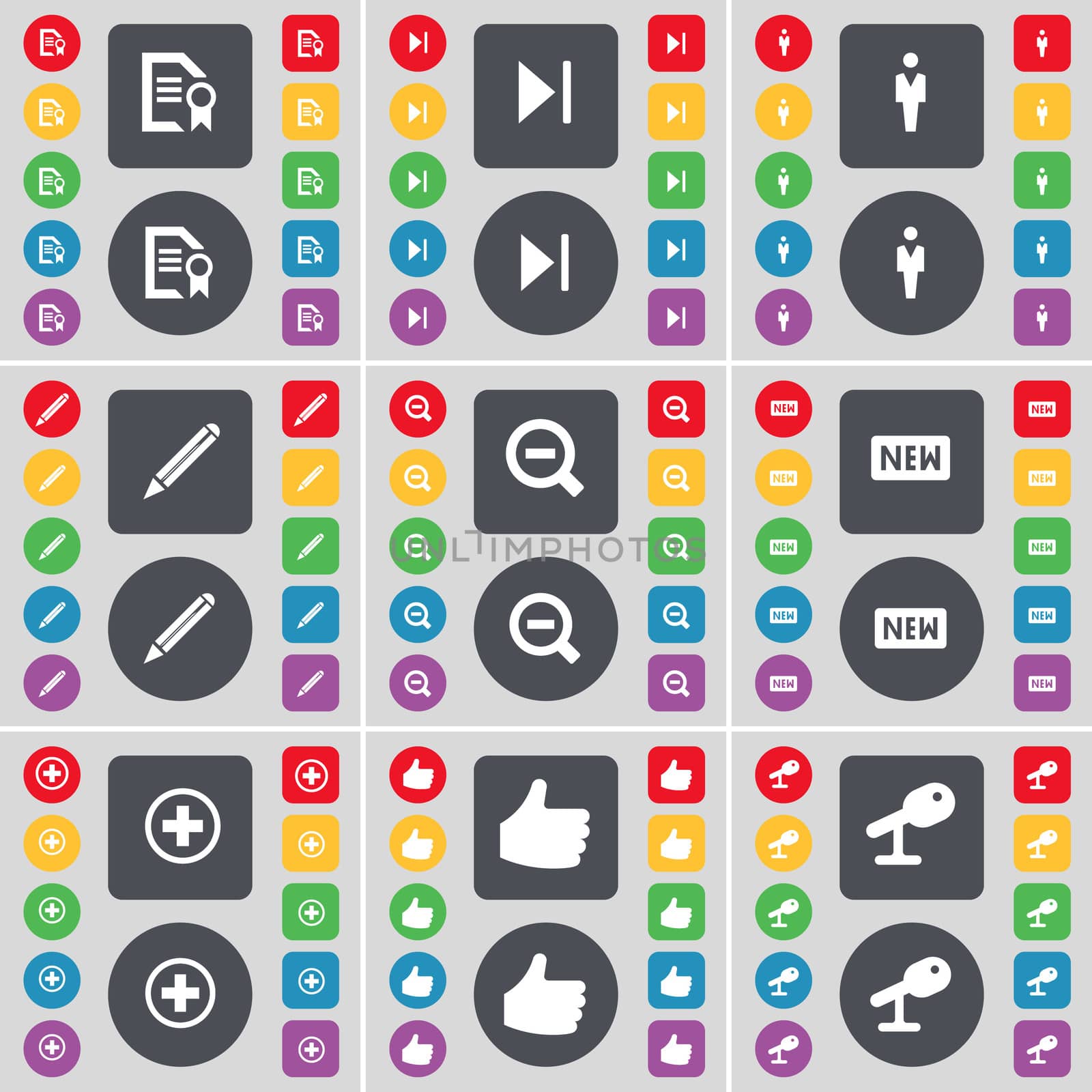 Text file, Media skip, Silhouette, Pencil, Magnifying glass, New, Plus, Like, Microphone icon symbol. A large set of flat, colored buttons for your design. illustration