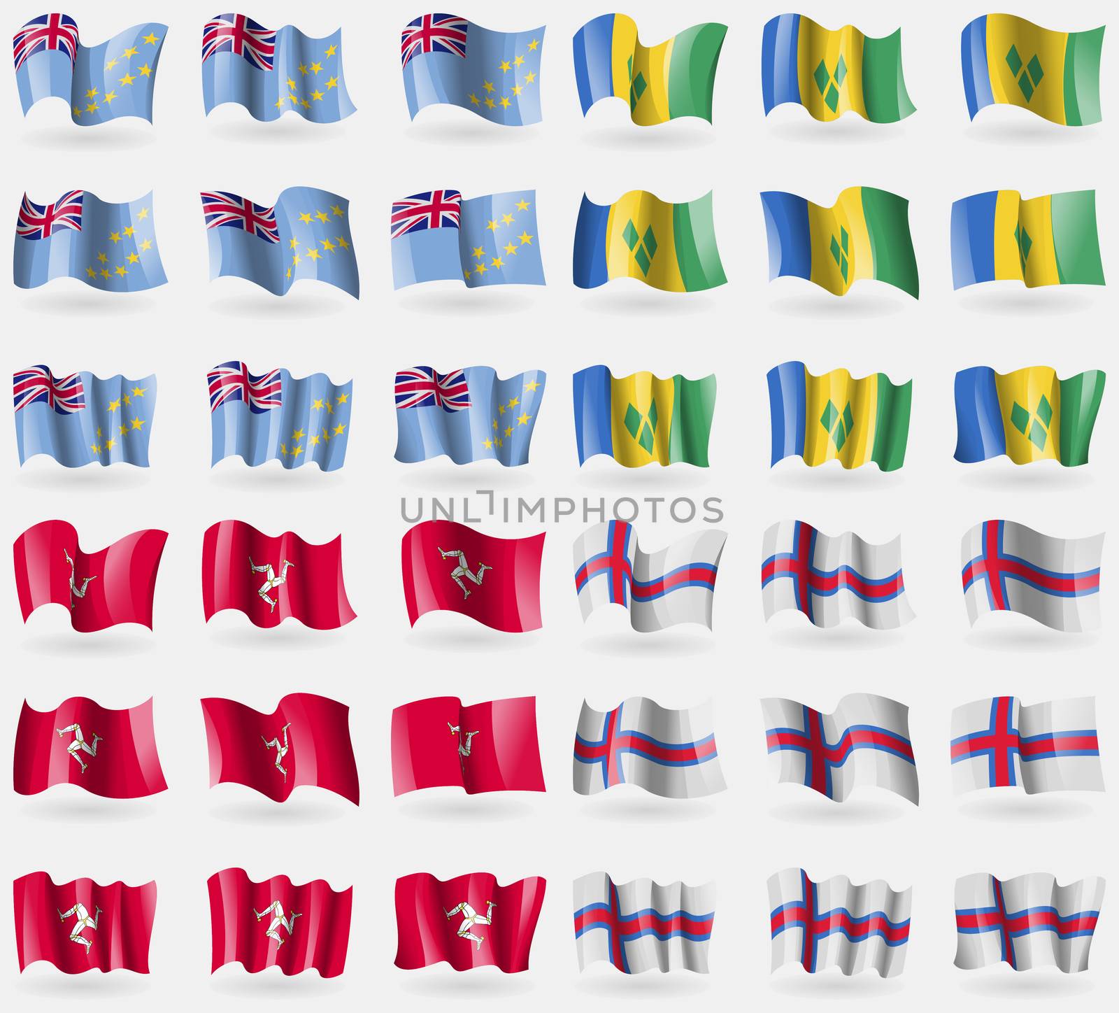 Tuvalu, Saint Vincent and Grenadines, Isle of man, Faroe Islands. Set of 36 flags of the countries of the world.  by serhii_lohvyniuk