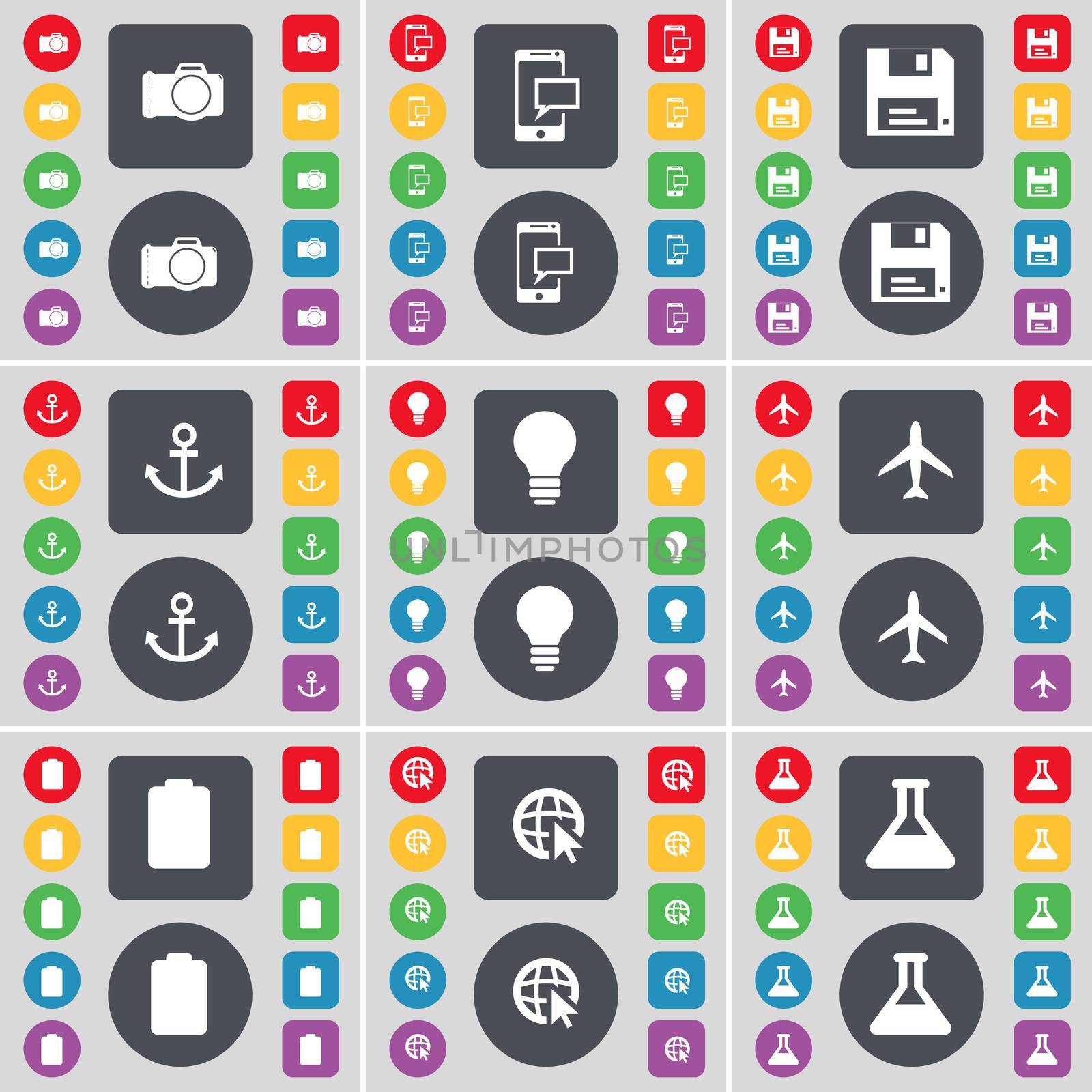 Camera, SMS, Floppy, Anchor, Light bulb, Airplane, Battery, Web cursor, Flask icon symbol. A large set of flat, colored buttons for your design. illustration