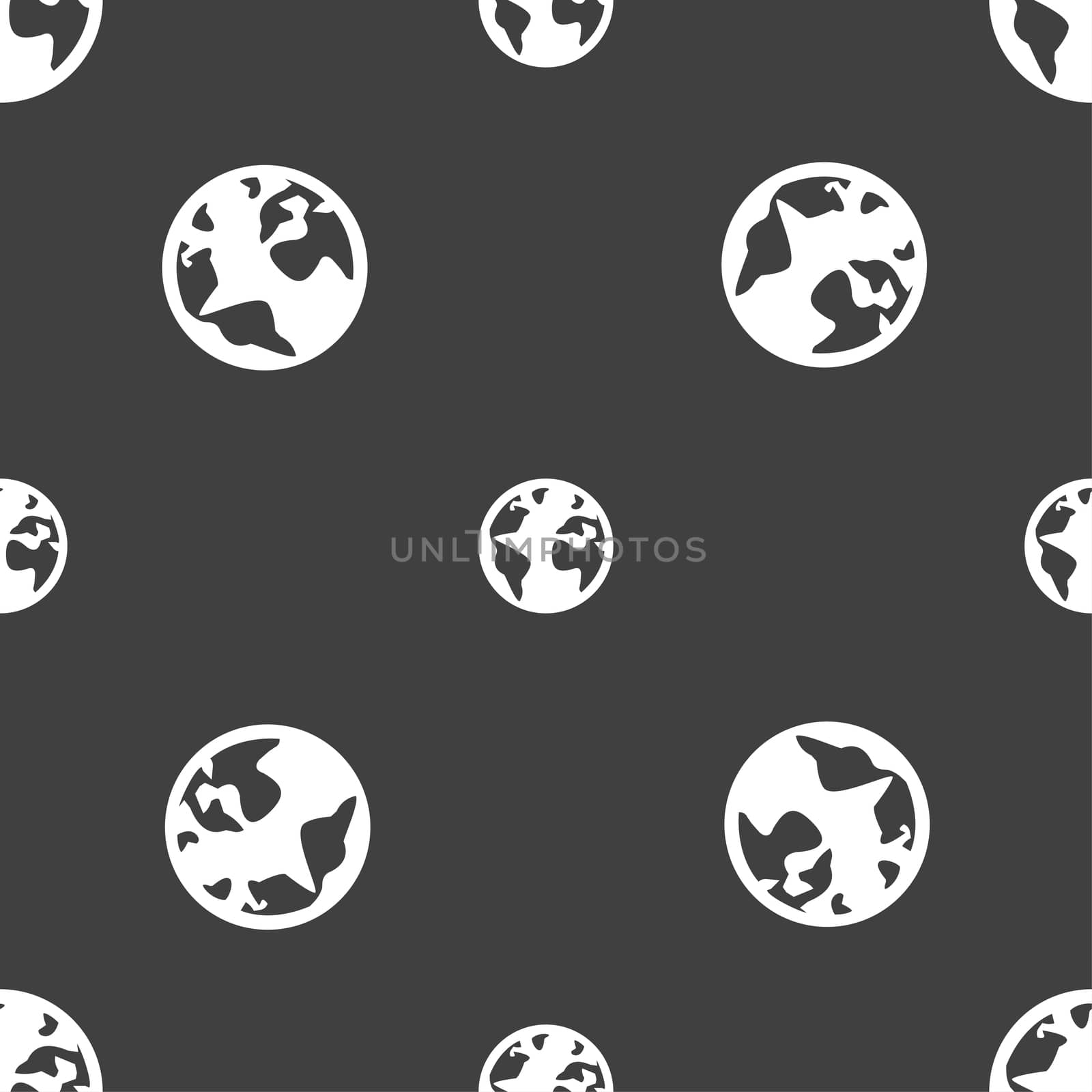 Globe sign icon. World map geography symbol. Globes on stand for studying. Seamless pattern on a gray background. illustration