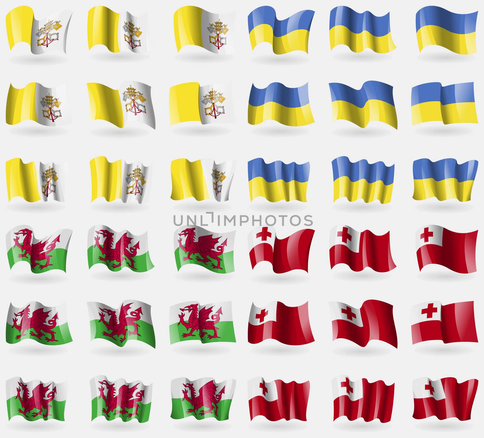 Vatican SityHoly See, Ukraine, Wales, Tonga. Set of 36 flags of the countries of the world. illustration