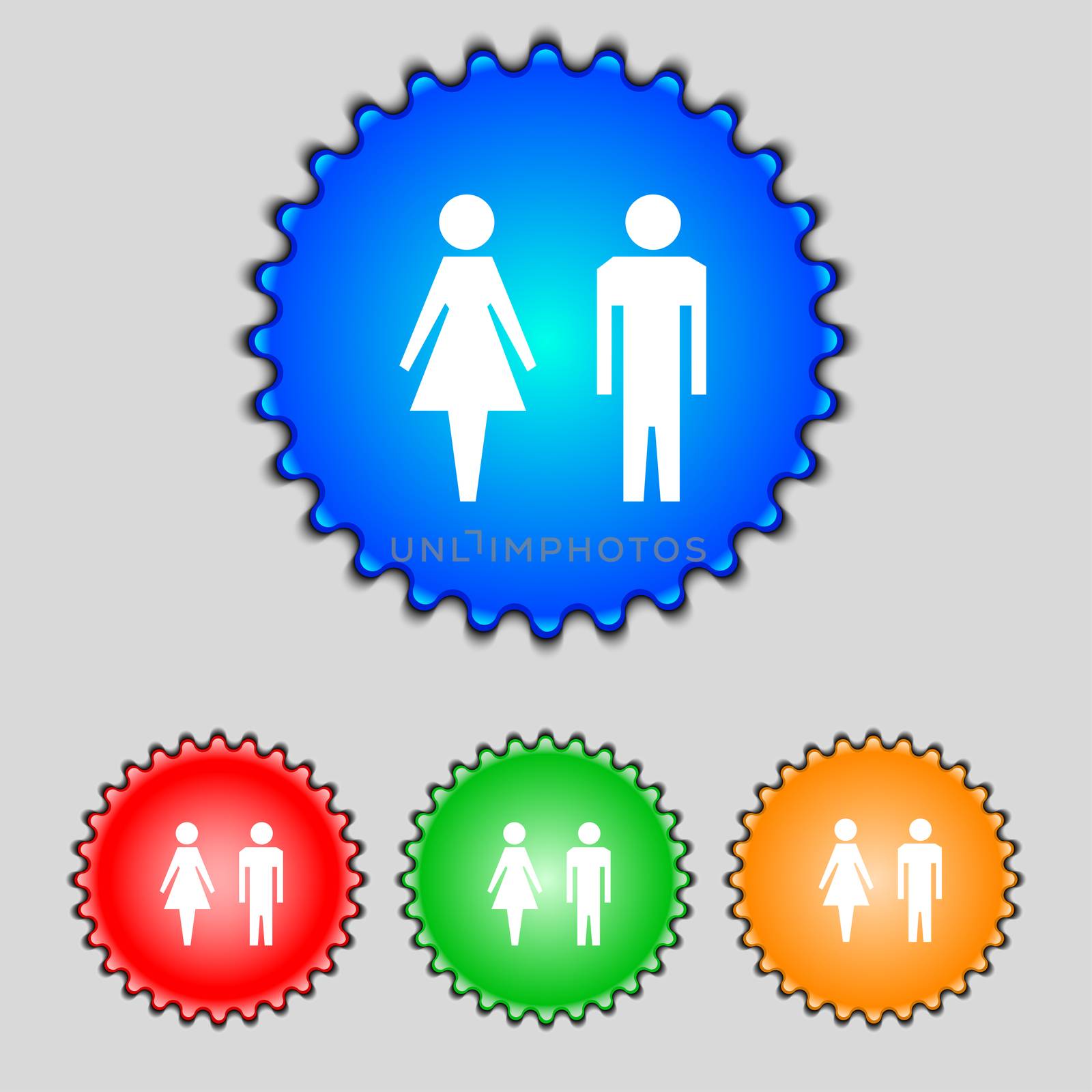 WC sign icon. Toilet symbol. Male and Female toilet. Set colourful buttons illustration