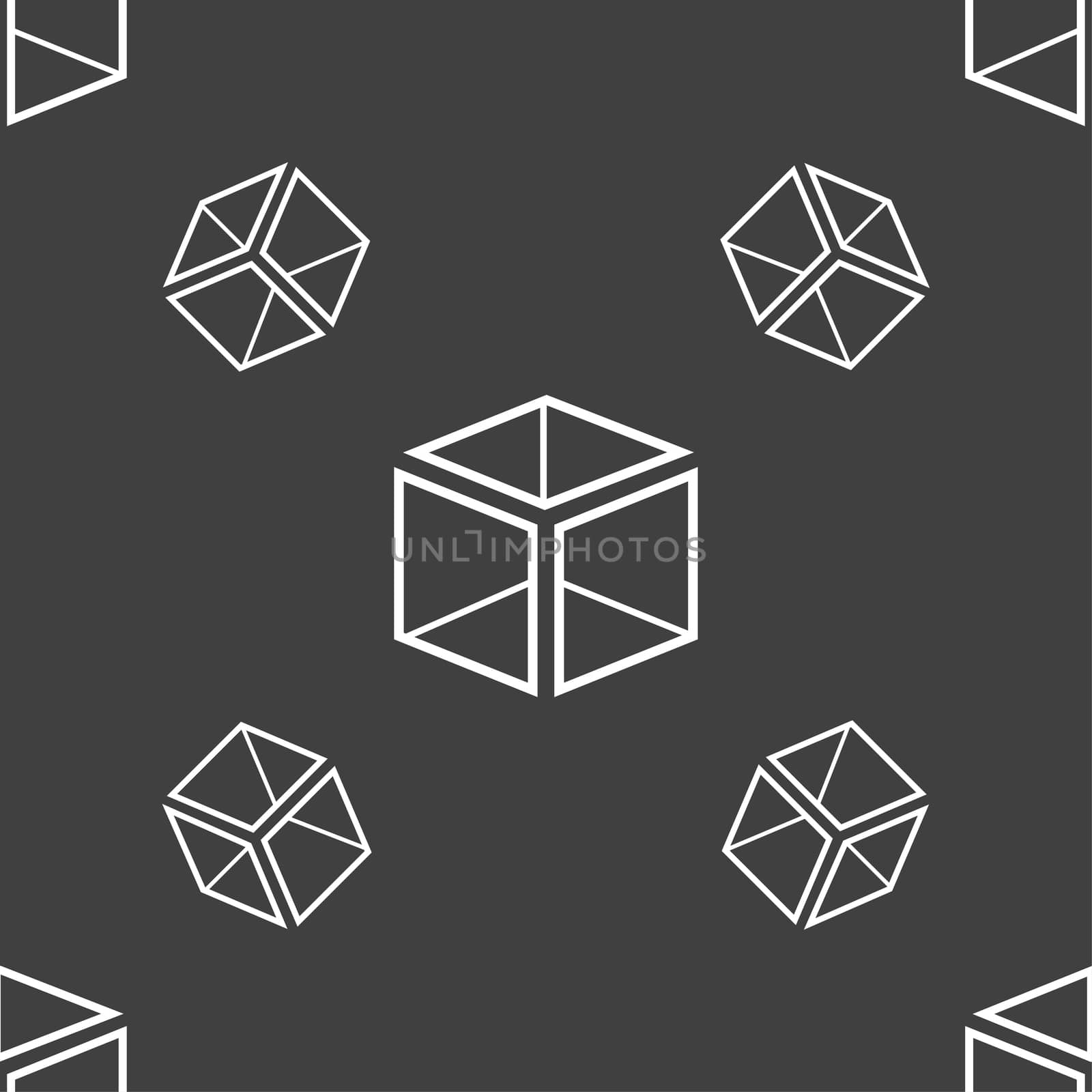 3d cube icon sign. Seamless pattern on a gray background. illustration