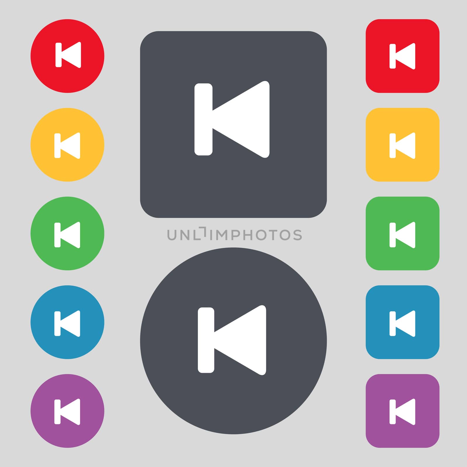 fast backward icon sign. A set of 12 colored buttons. Flat design.  by serhii_lohvyniuk