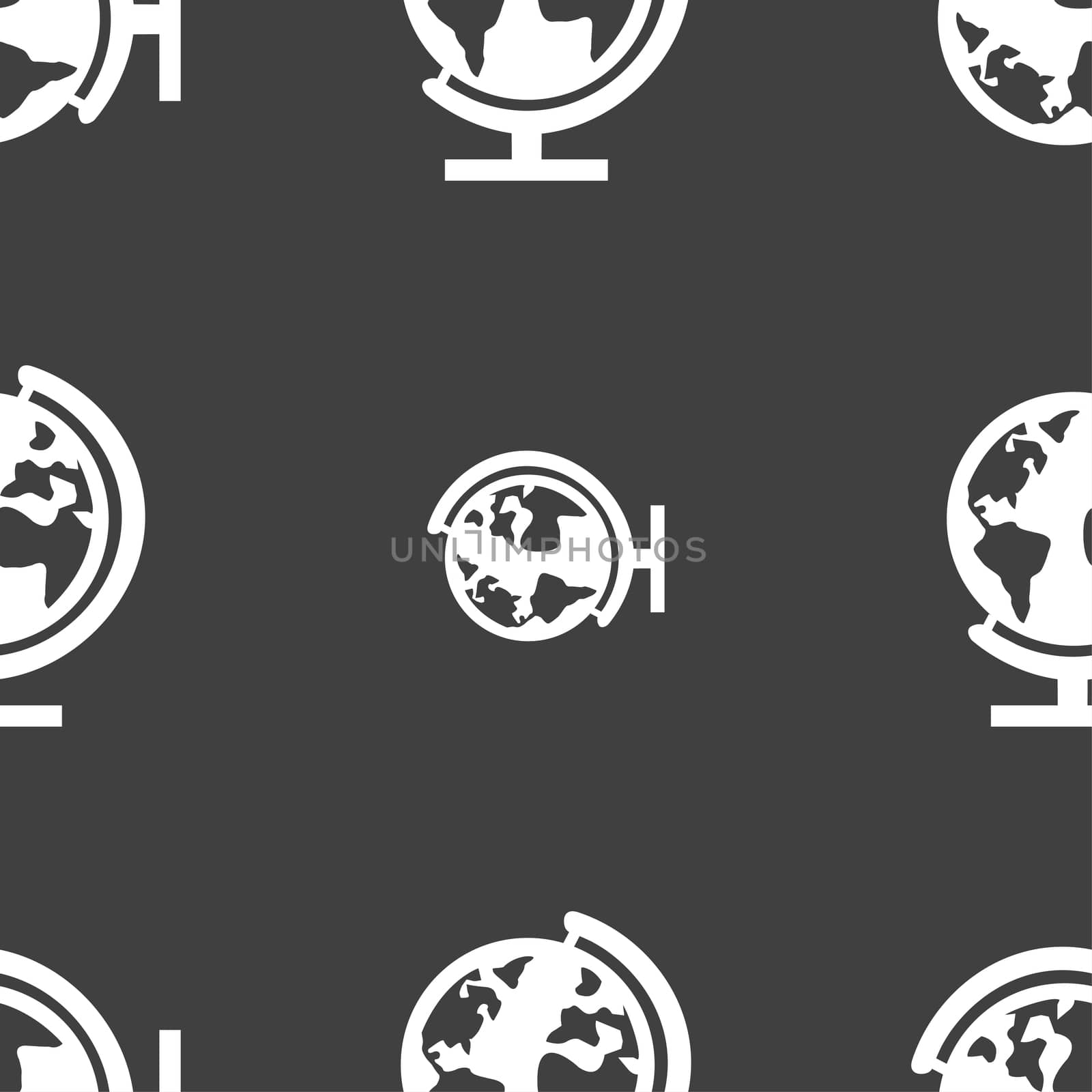 Globe sign icon. World map geography symbol. Globes on stand for studying. Seamless pattern on a gray background. illustration