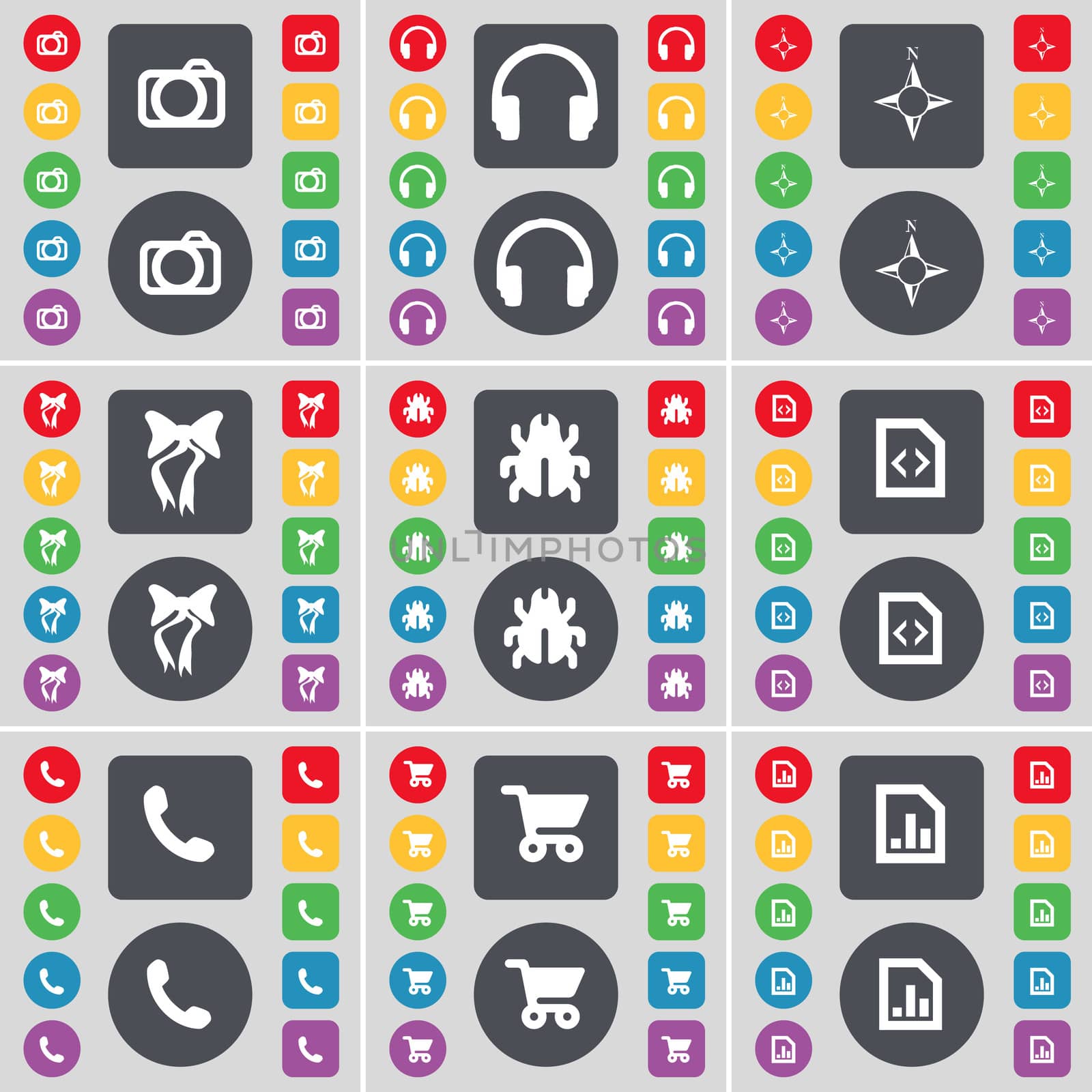 Camera, Headphones, Compass, Bow, Bug, File, Receiver, Shopping cart, Graph file icon symbol. A large set of flat, colored buttons for your design. illustration