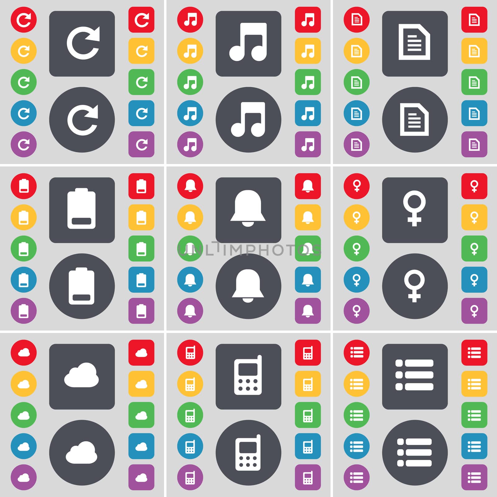 Reload, Note, Text file, Battery, Notification, Venus symbol, Cloud, Mobile phone, List icon symbol. A large set of flat, colored buttons for your design. illustration