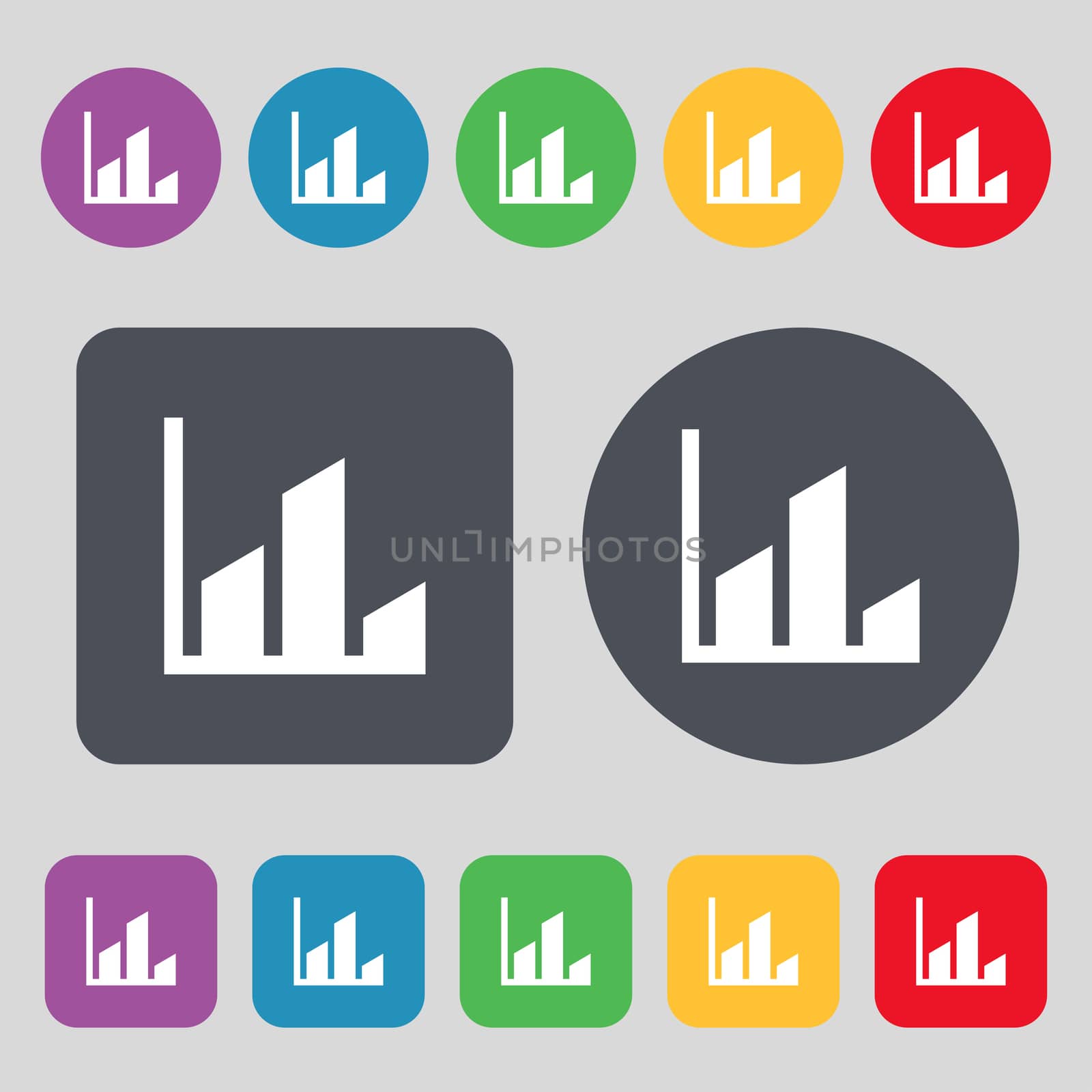 Chart icon sign. A set of 12 colored buttons. Flat design. illustration