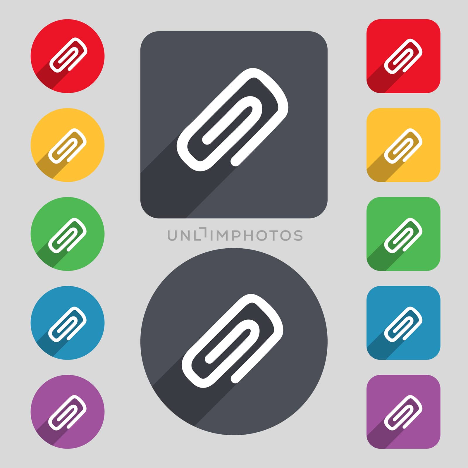 clip to paper icon sign. A set of 12 colored buttons and a long shadow. Flat design.  by serhii_lohvyniuk