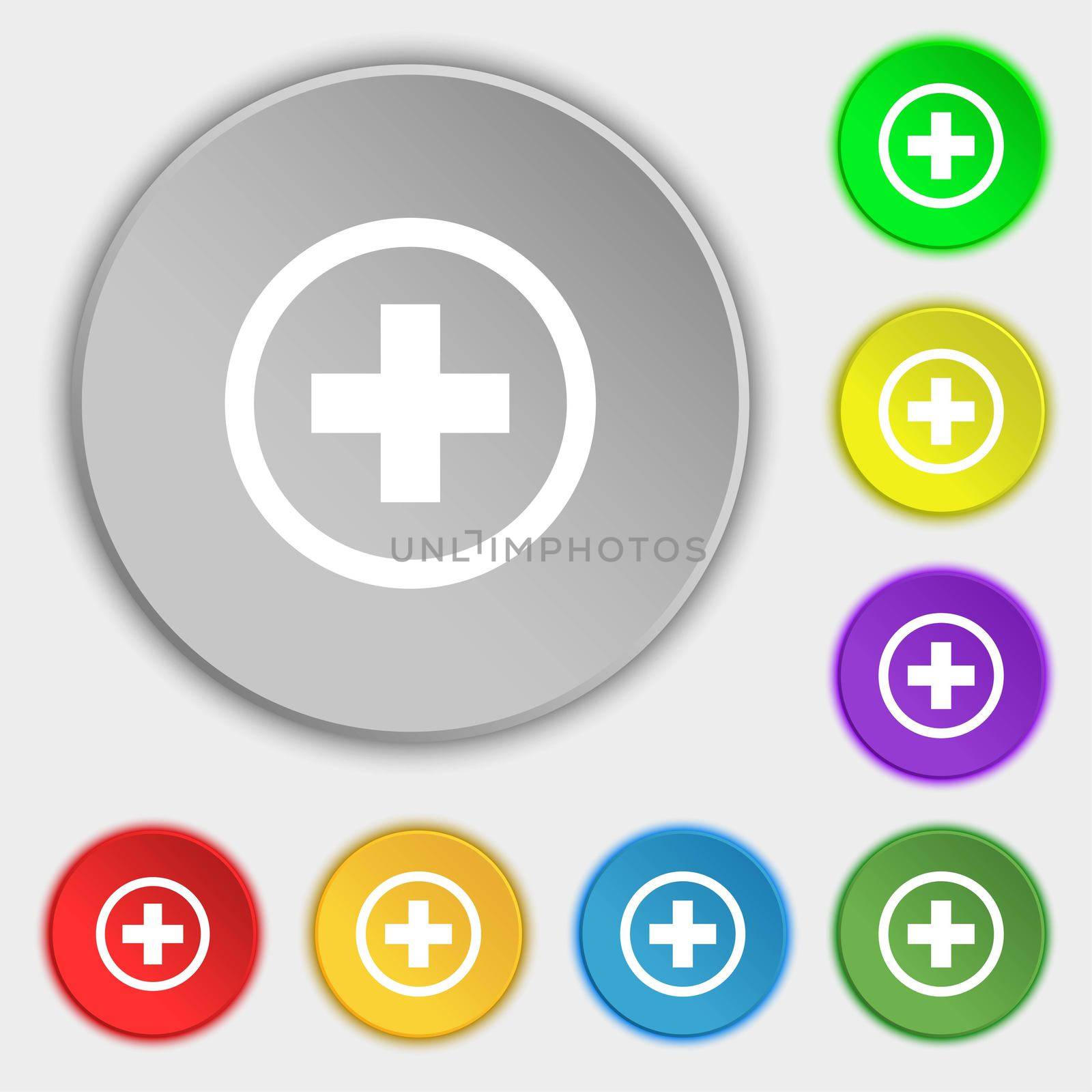 Plus sign icon. Positive symbol. Zoom in. Symbols on eight flat buttons.  by serhii_lohvyniuk