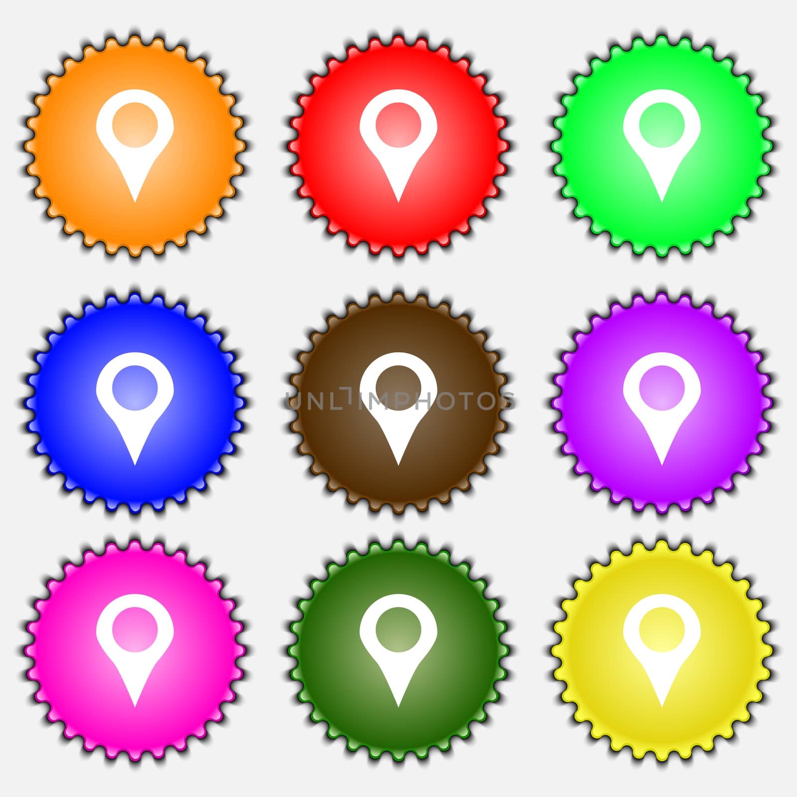 Map pointer, GPS location icon sign. A set of nine different colored labels. illustration 