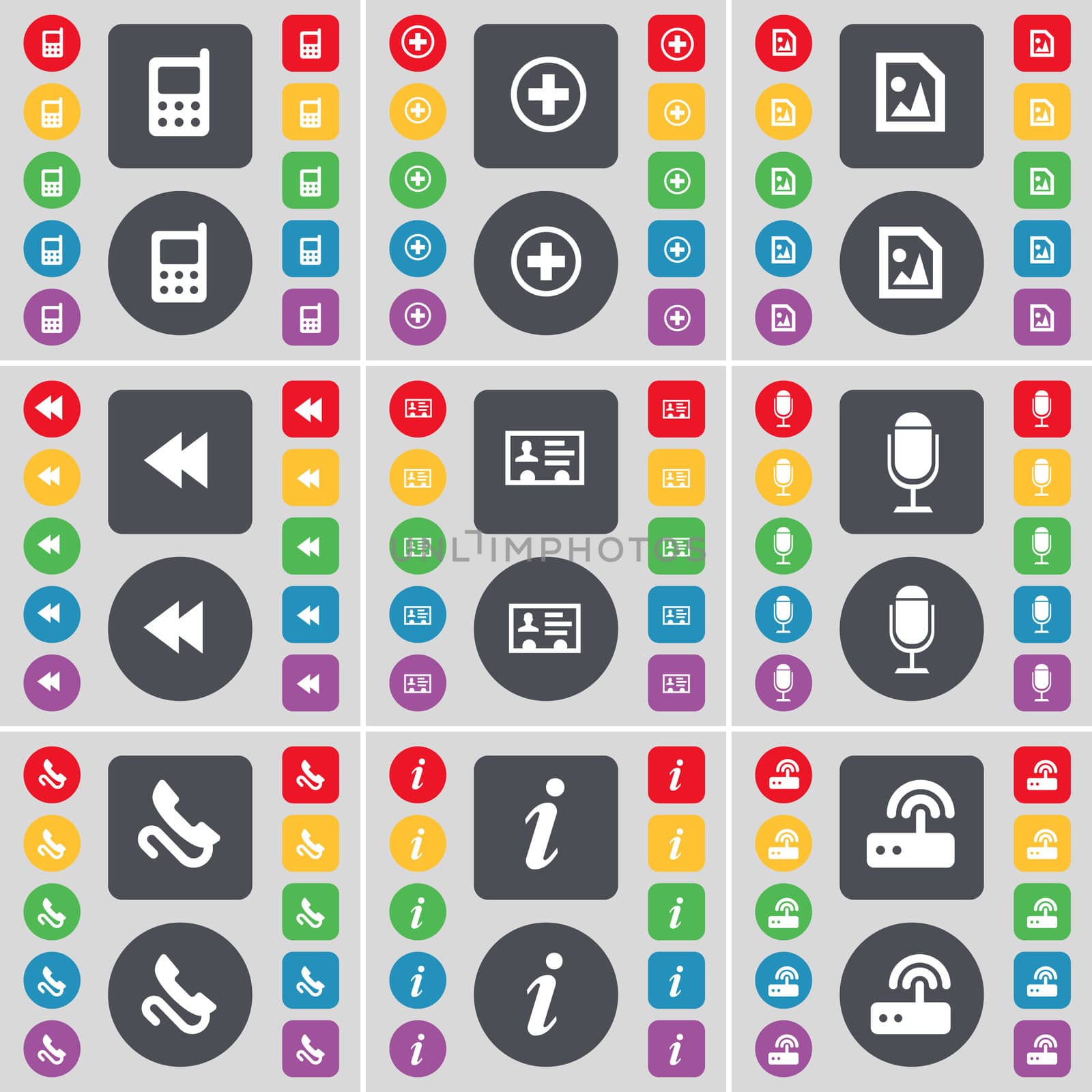 Mobile phone, Plus, Media file, Rewind, Contact, Microphone, Receiver, Information, Router icon symbol. A large set of flat, colored buttons for your design.  by serhii_lohvyniuk