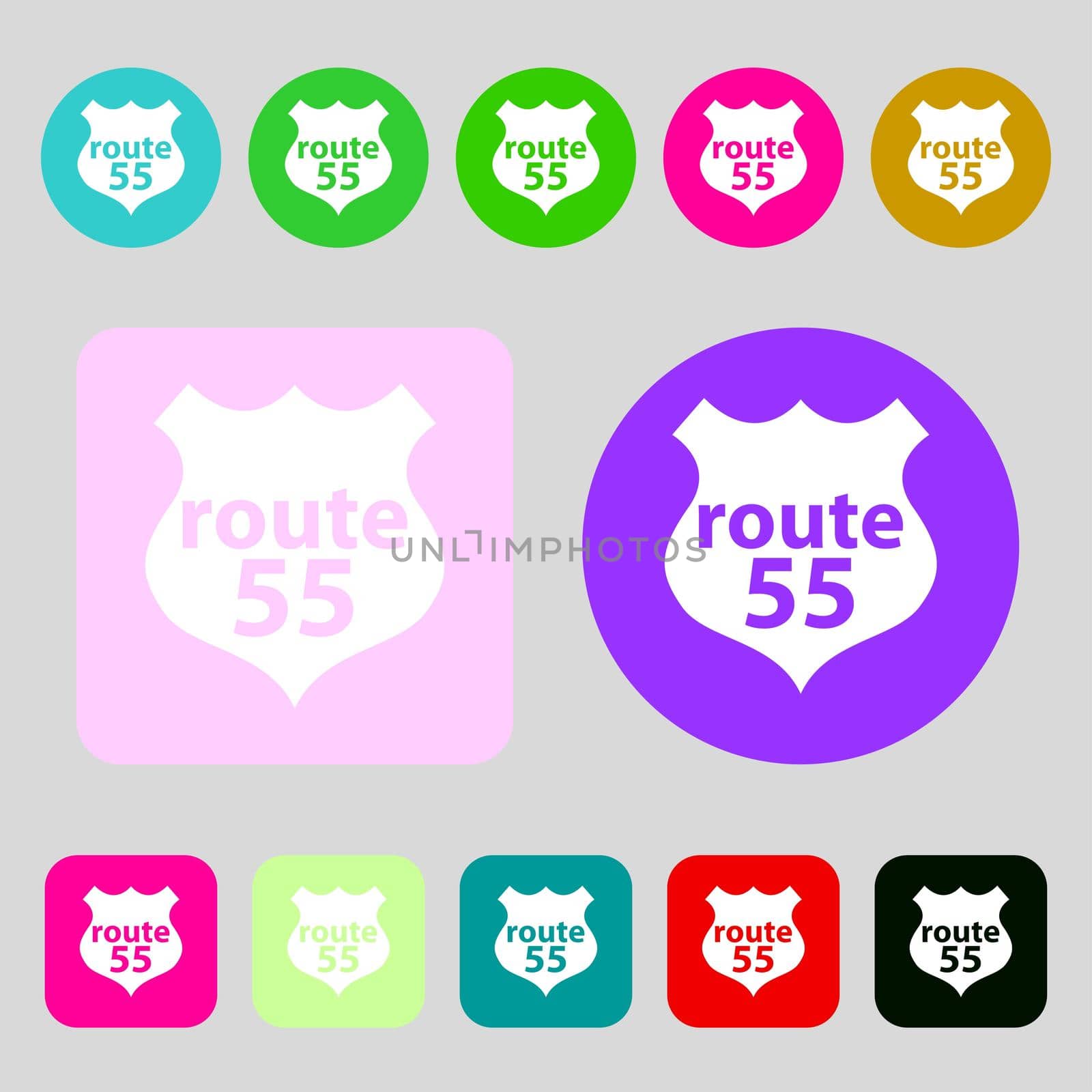 Route 55 highway icon sign.12 colored buttons. Flat design. illustration