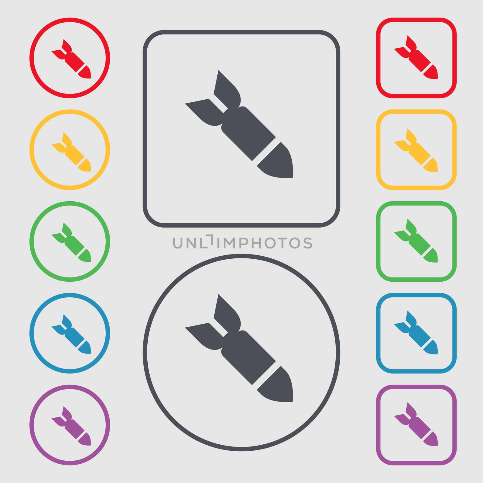 Missile,Rocket weapon icon sign. symbol on the Round and square buttons with frame. illustration