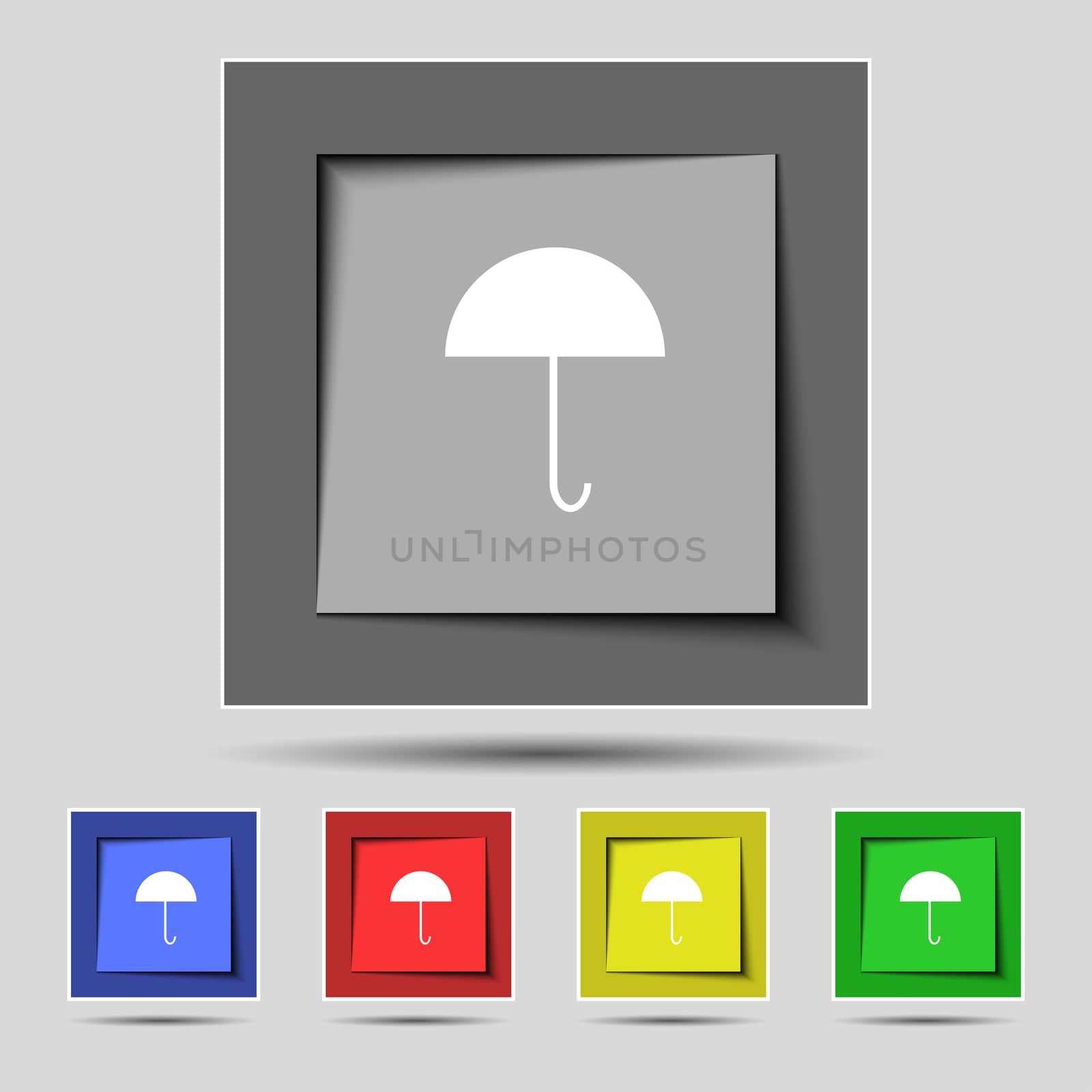 Umbrella sign icon. Rain protection symbol. Set colourful buttons.  by serhii_lohvyniuk